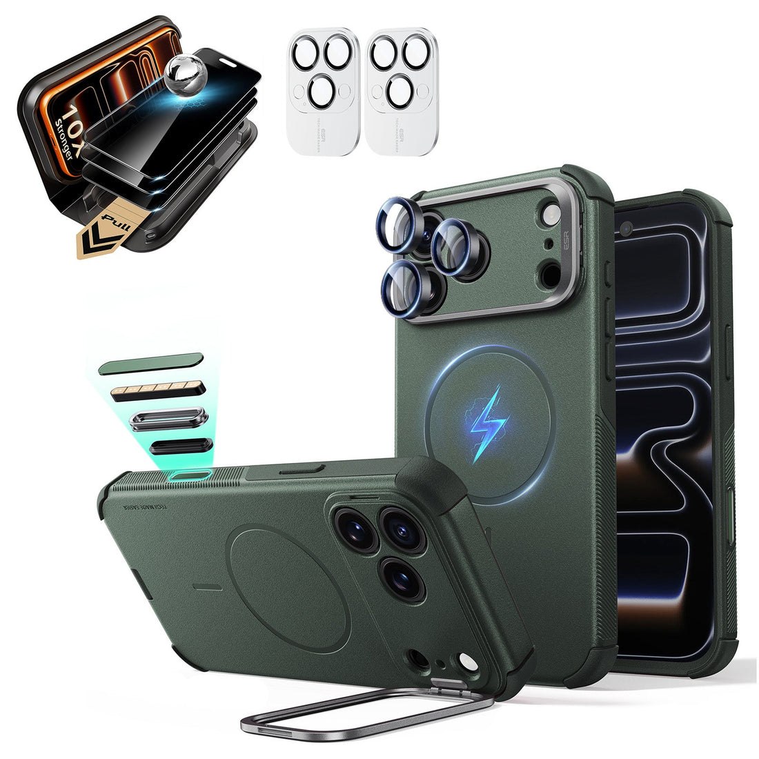 Green iPhone 18 Pro Cyebr Tough Magsafe Phone Case with Stand pair corning glass privacy screen protector and camera lens protector