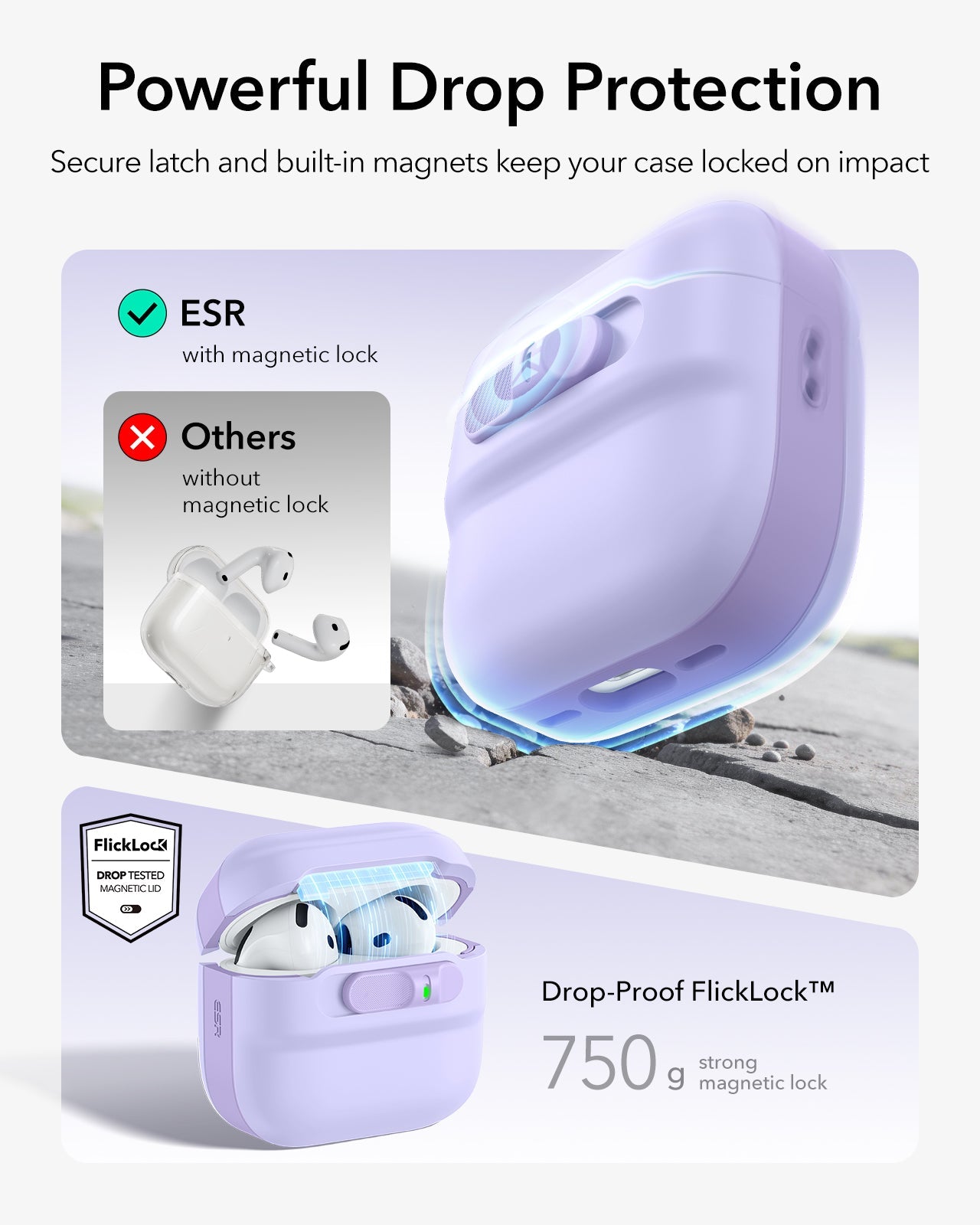 Light purple AirPods 4 case with secure FlickLock latch