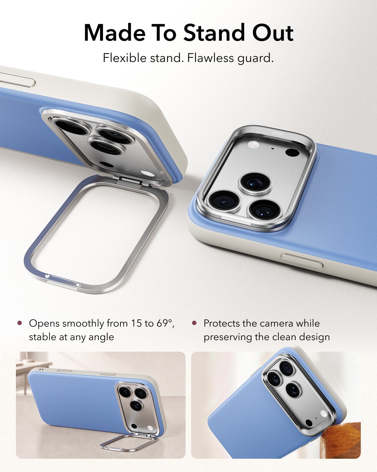 ESR Misty Blue Leather iPhone 18 Pro Max Magsafe Case with Stand Made To Stand Out