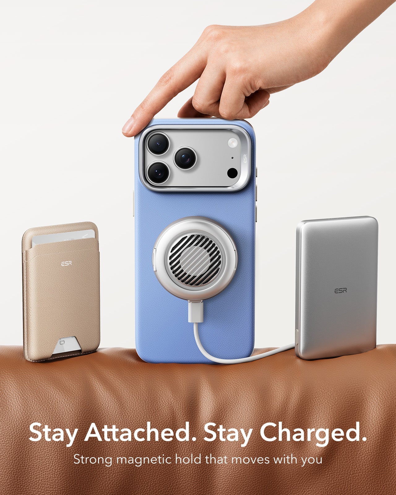 ESR Misty Blue Leather iPhone 18 Pro Max Magsafe Case with Stand Stay Attached. Stay Charged