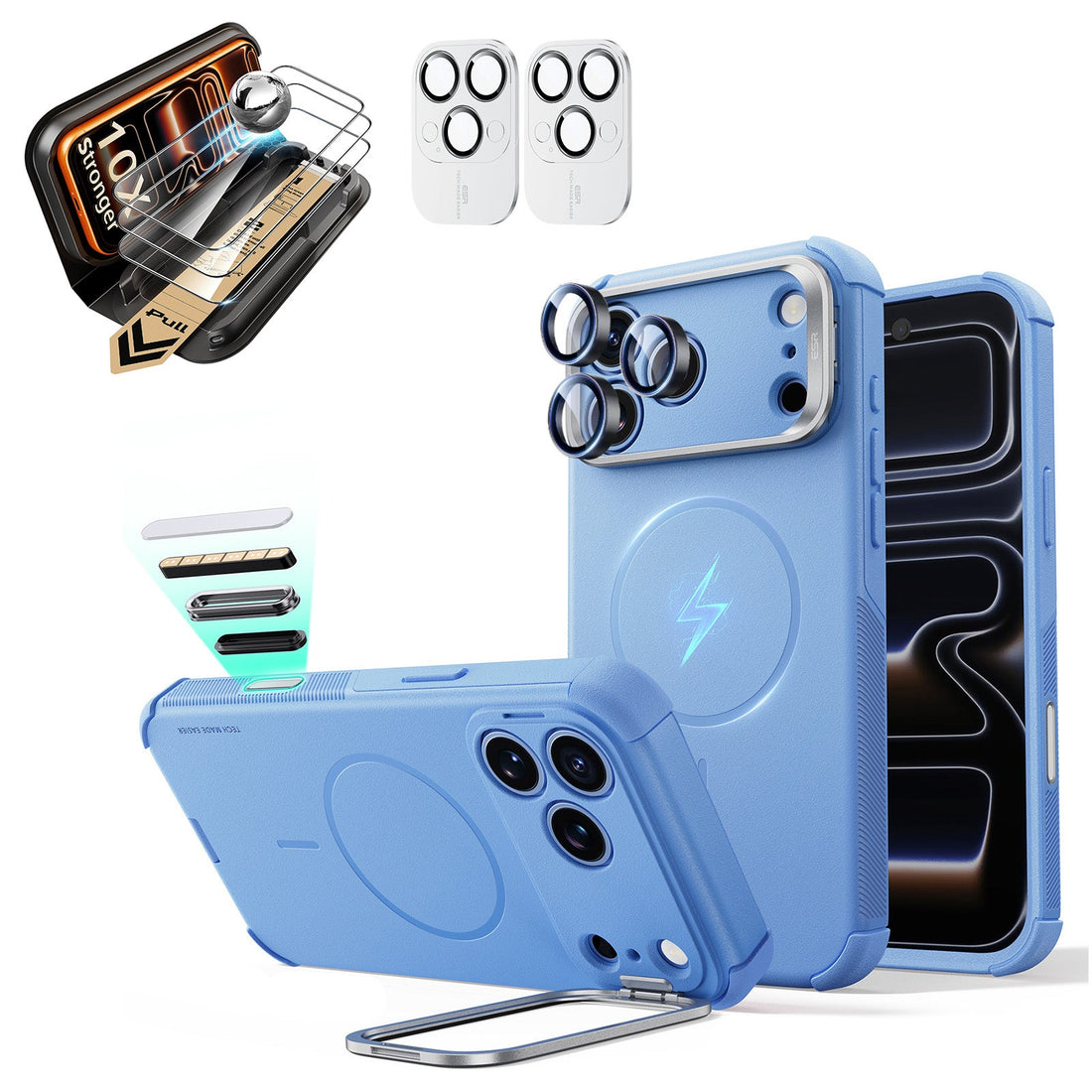 Misty blue iPhone 18 Pro Cyebr Tough Magsafe Phone Case with Stand pair corning glass  screen protector and camera lens protector