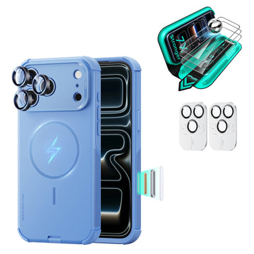 Misty Blue iPhone 18 Pro Cyber Tough Magsafe Case  with armorite tempered glass screen protector and camera lens protector