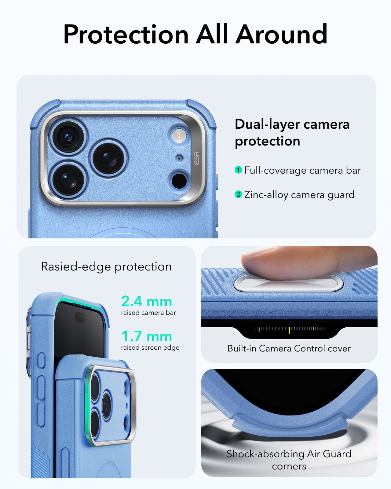 ESR Misty Blue iPhone 18 Pro Tough Phone Case Magsafe with Stand Protection All Around
