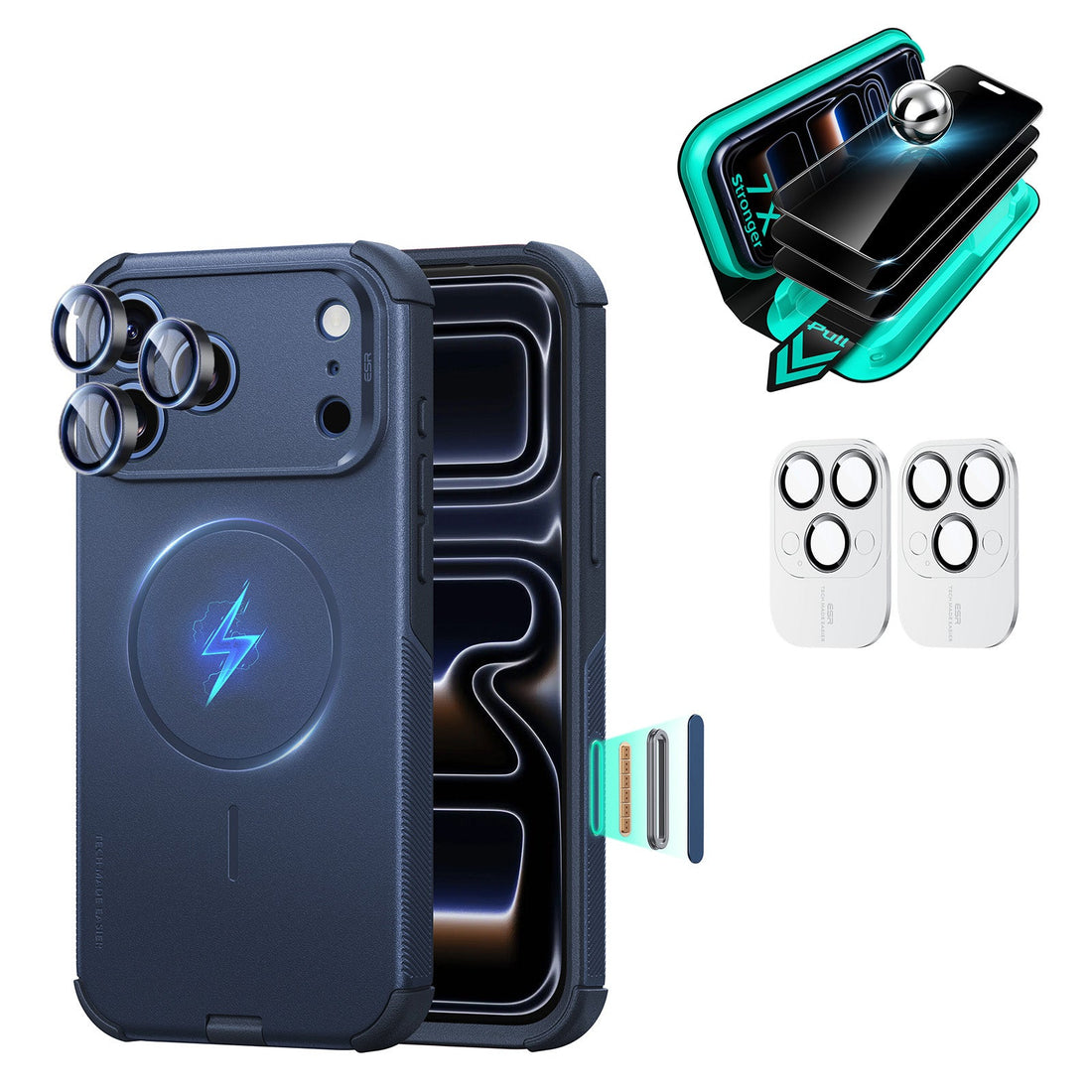 Navy blue iPhone 18 Pro Cyber Tough Magsafe Case  with armorite tempered glass privacy screen protector and camera lens protector