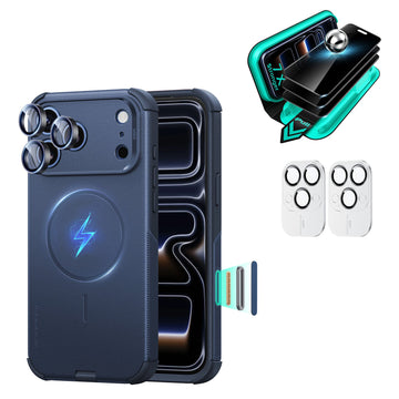 Navy blue iPhone 18 Pro Cyber Tough Magsafe Case  with armorite tempered glass privacy screen protector and camera lens protector