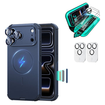 Navy blue iPhone 18 Pro Cyber Tough Magsafe Case  with armorite tempered glass screen protector and camera lens protector