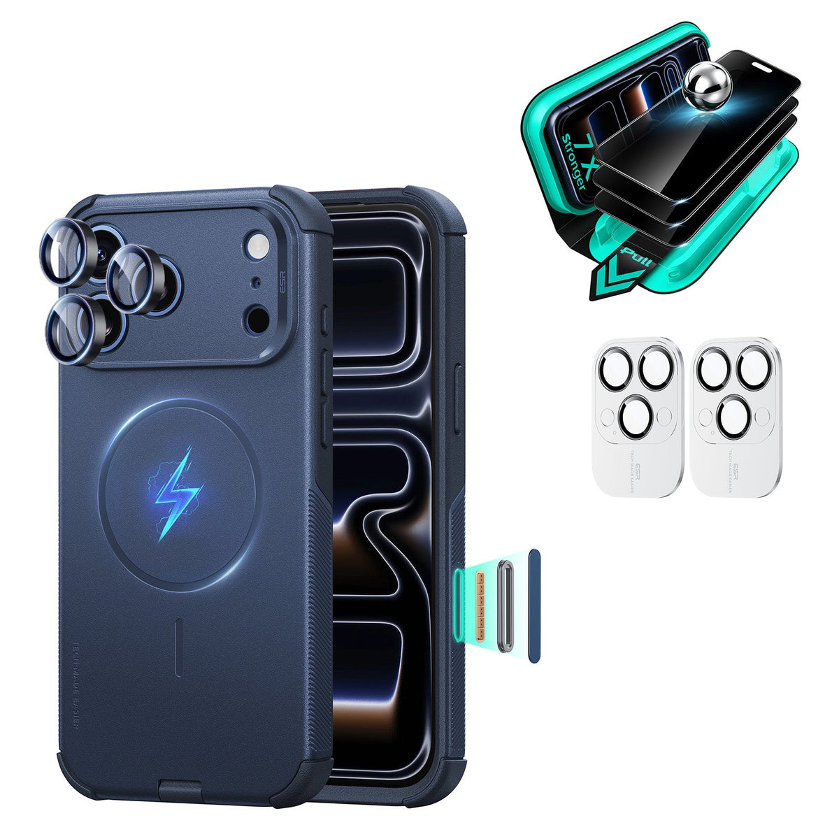 Navy Blue iPhone 18 Pro Max Cyber Tough Magsafe Case  with armorite tempered glass privacy screen protector and camera lens protector