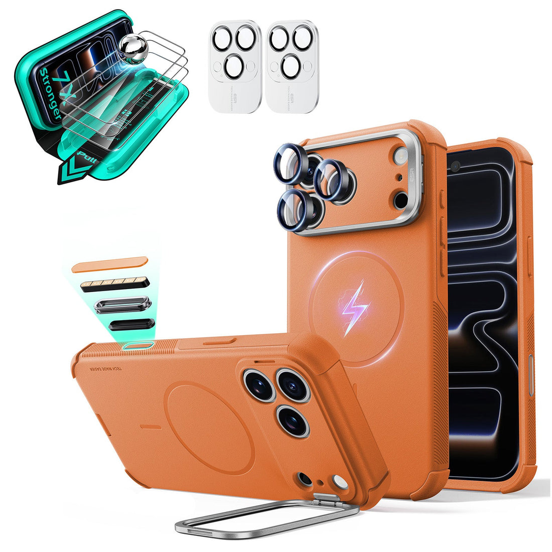 Orange iPhone 18 Pro Cyebr Tough Magsafe Phone Case with Stand pair tempered glass screen protector and camera lens protector