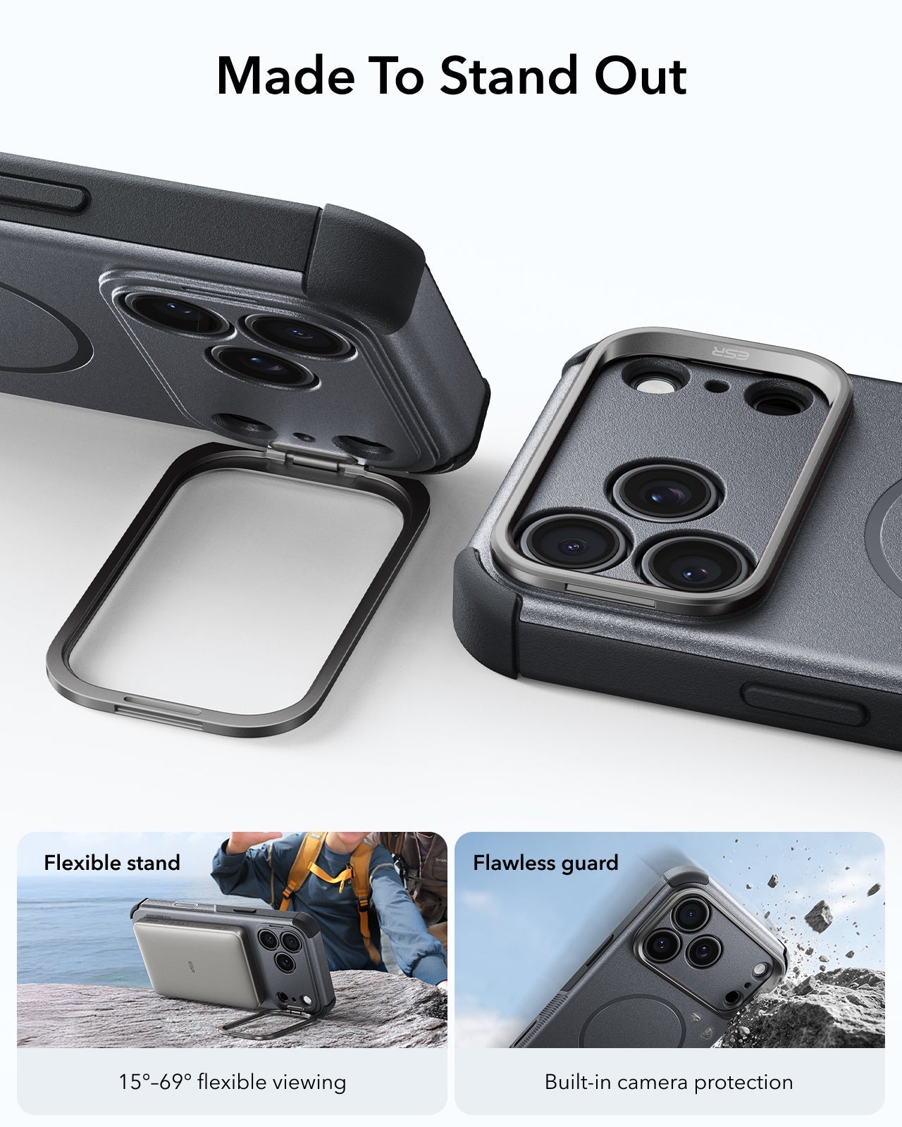 ESR Space Gray iPhone 18 Pro Tough Phone Case Magsafe with Stand 
Made To Stand Out