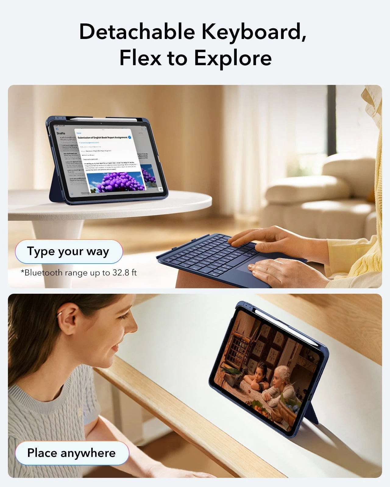 Blue ESR Flex Keyboard Case & Find My Pencil Bundle-detachable keyboard ，flex to explore