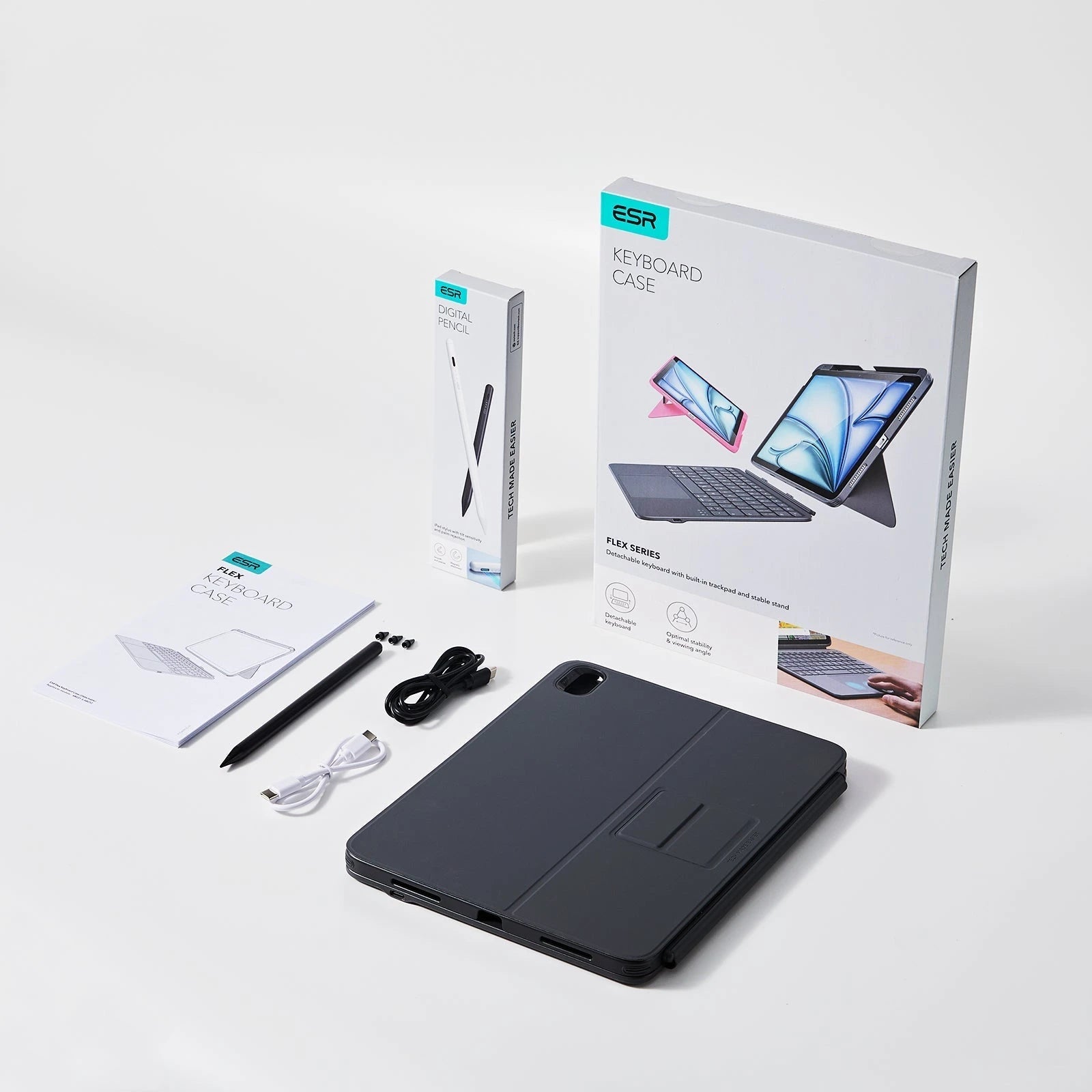 iPad 11" (A16) 2025 Flex Keyboard Case (Detachable) With Digital Pencil Bundle  - US Layout Dark Gray With Dark Silver Pencil ESR ESR