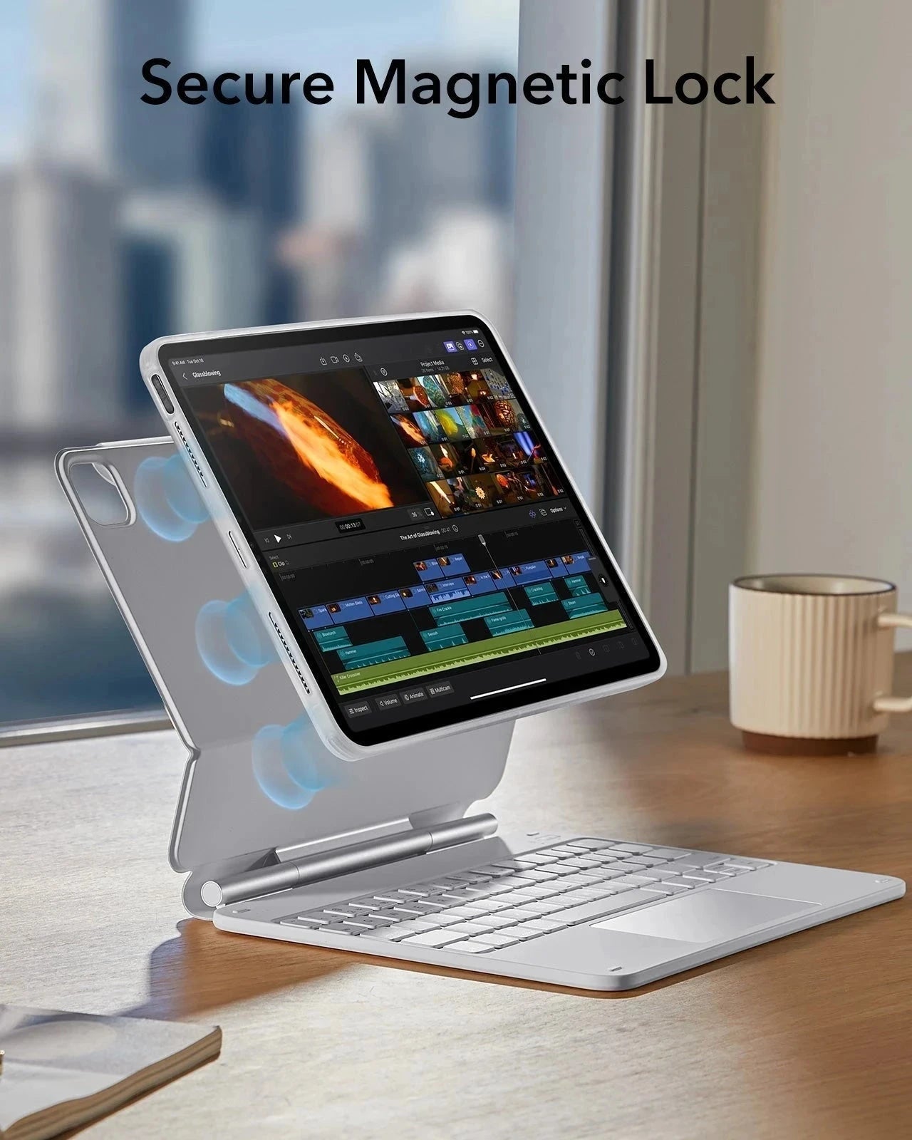 White iPad Air 11-inch (M4) 2026 Rebound Magnetic Folio Keyboard Case | ESR 360-Secure magnetic lock
