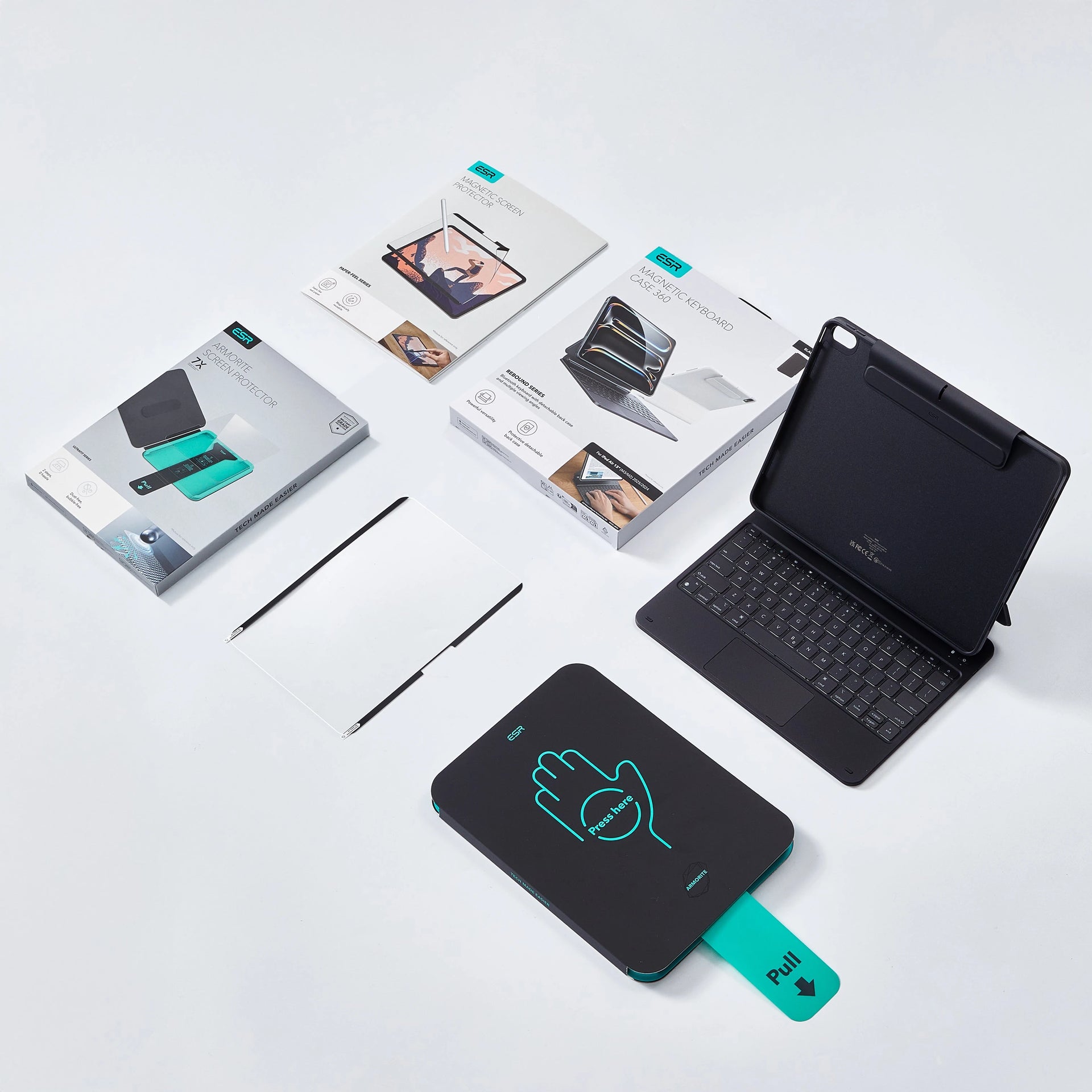 In the Box: 1 keyboard case, 2 Armorite screen protectors,1 paper-feel magnetic screen protector