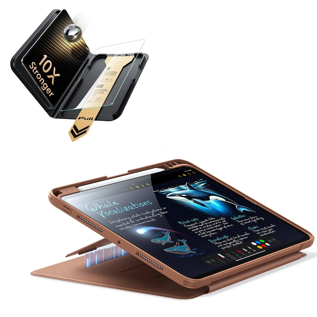iPad Pro 11" (M5) 2025 Bundle Flip Magnetic Case (Pencil Holder) & Armorite Pro Screen Protector With UltraFit Tray - Brown