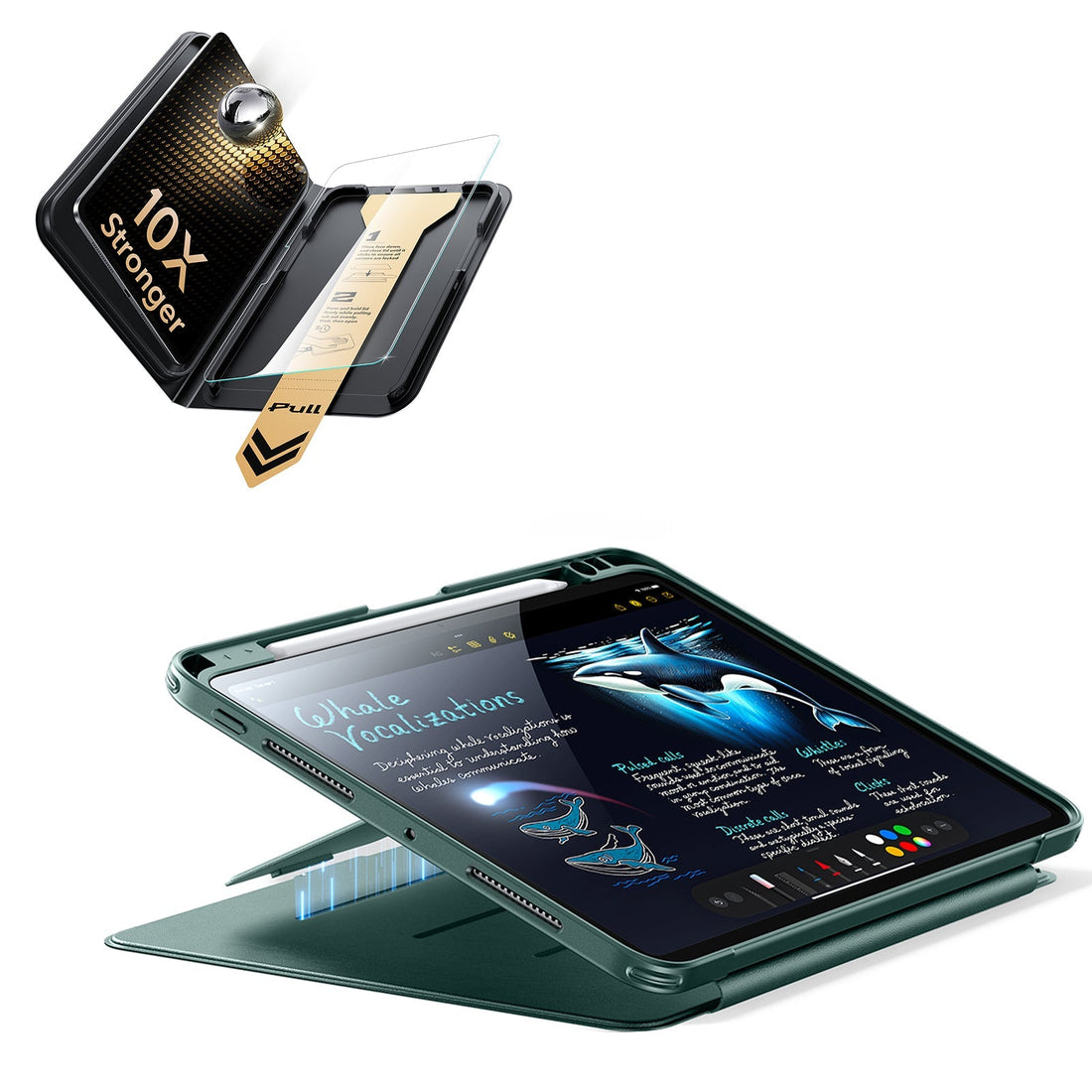 iPad Pro 11" (M5) 2025 Bundle Flip Magnetic Case (Pencil Holder) & Armorite Pro Screen Protector With UltraFit Tray - Green