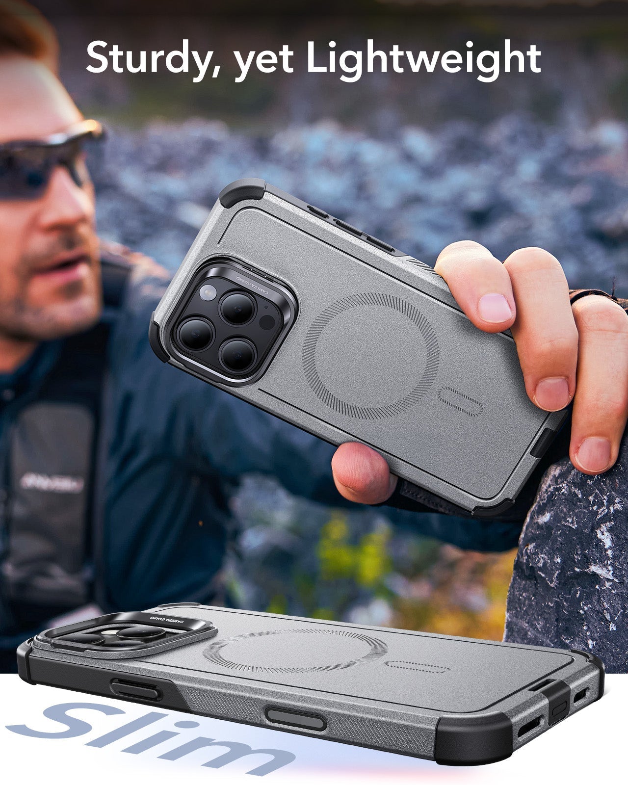 iPhone 16 Pro Max Cyber Tough Magsafe Case with Stand Titanium Sturdy, yet Lightweight