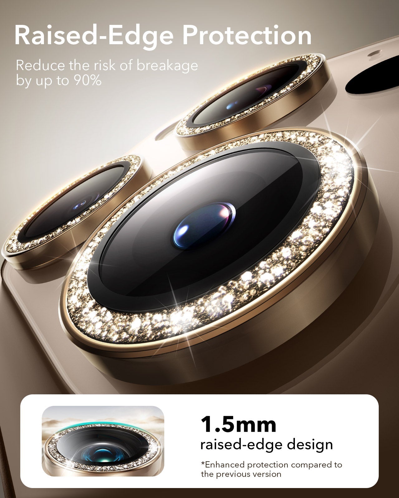 iPhone 17 Pro Max17 Pro16 Pro Max16 Pro15 Pro Max15 Pro14 Pro Max14 Pro Cameras Lens Protector Desert Titanium Shimmer raised edge protection