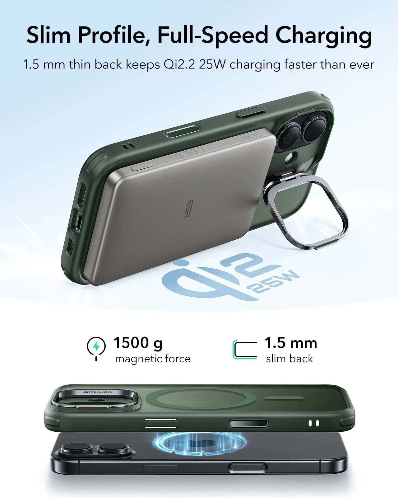ESR iPhone 17 Magsafe Case with Stand Camera Control Frosted Green Wireless charging 
