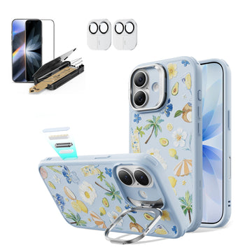 Blue Floral iPone 17 Magsafe Case with Stand pair Corning Glass Screen Protector