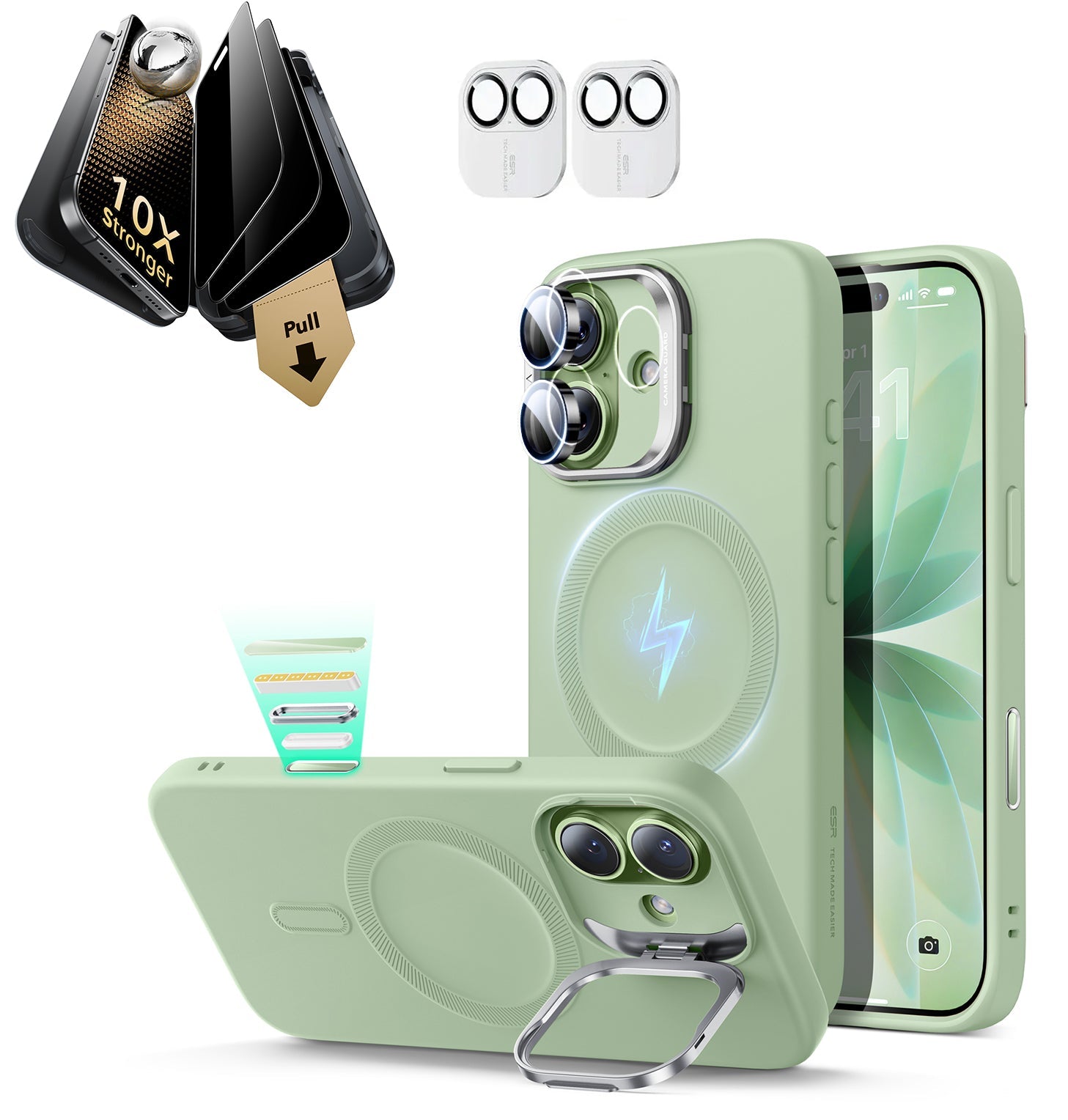 iPhone 17 Silicone Magsafe Case with Stand & Corning Glass Privacy Screen Protector Bundle  Green