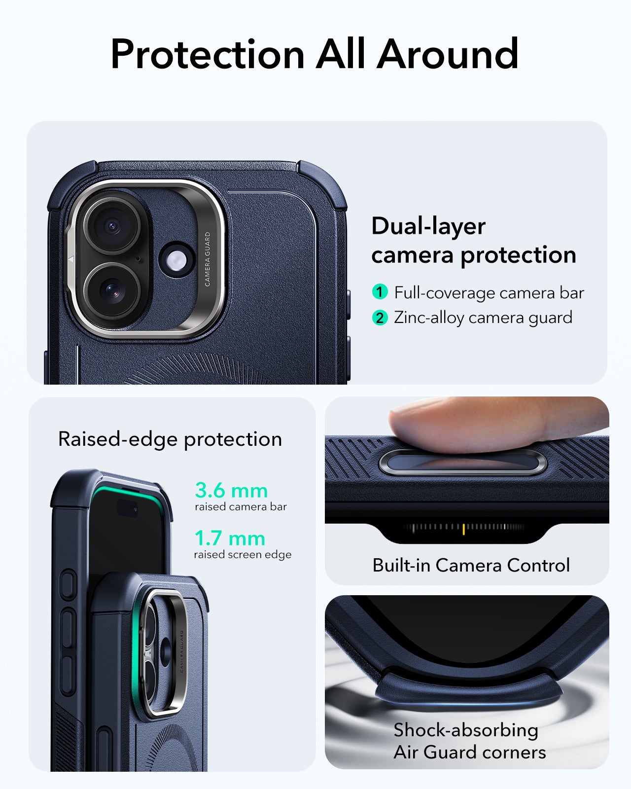 ESR iPhone 17 Cyber Tough Magsafe Case with Stand and Camera Control Blue Raised Edge Protection