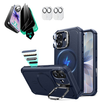 iPhone 17 Cyber Tough Magsafe Case with Stand and Armorite Privacy Screen Protector Blue