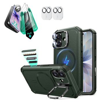 iPhone 17 Cyber Tough Magsafe Case with Stand and Armorite Screen Protector Green