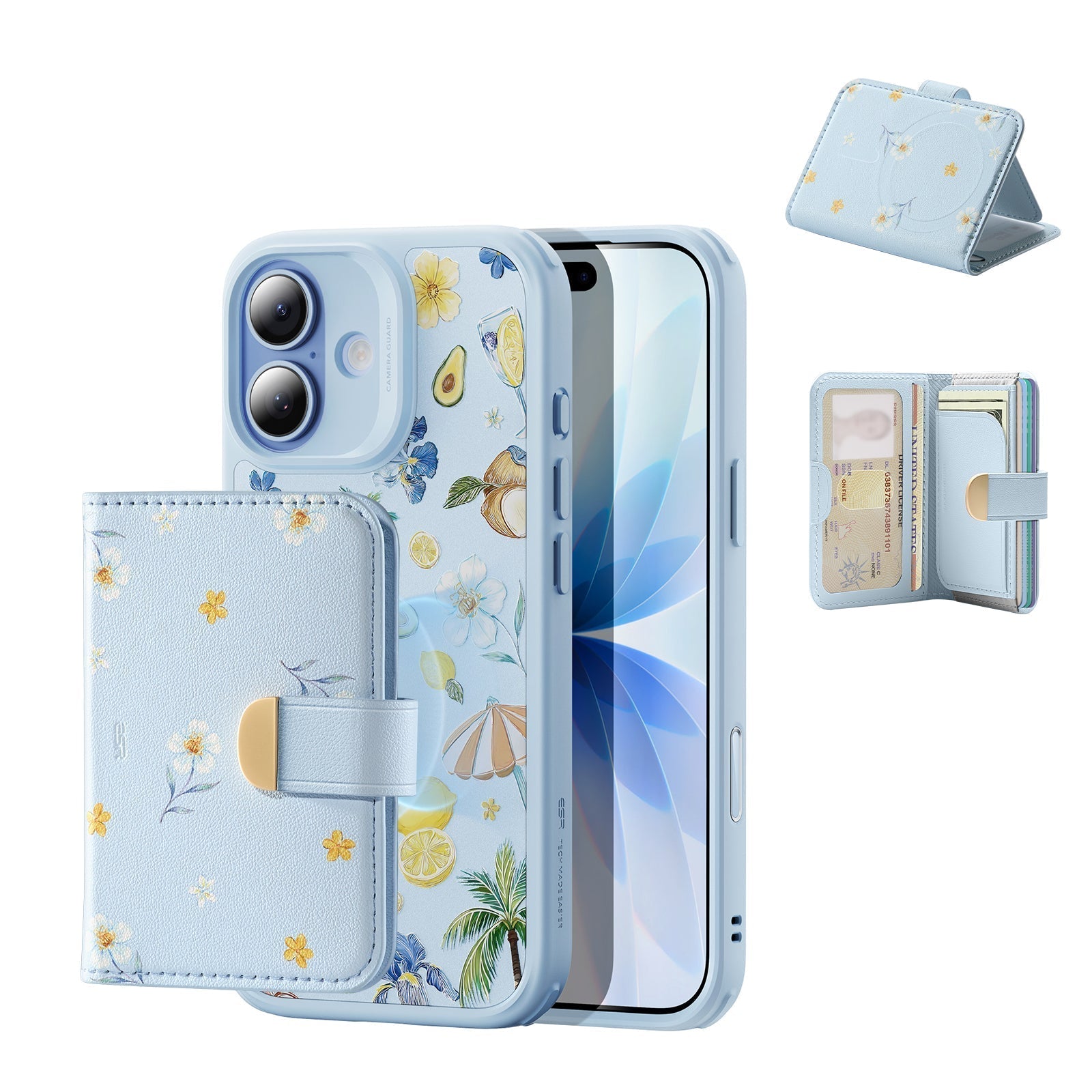 Blue Floral iPone 17 Magsafe Case with Aura Clutch MagSafe Wallet