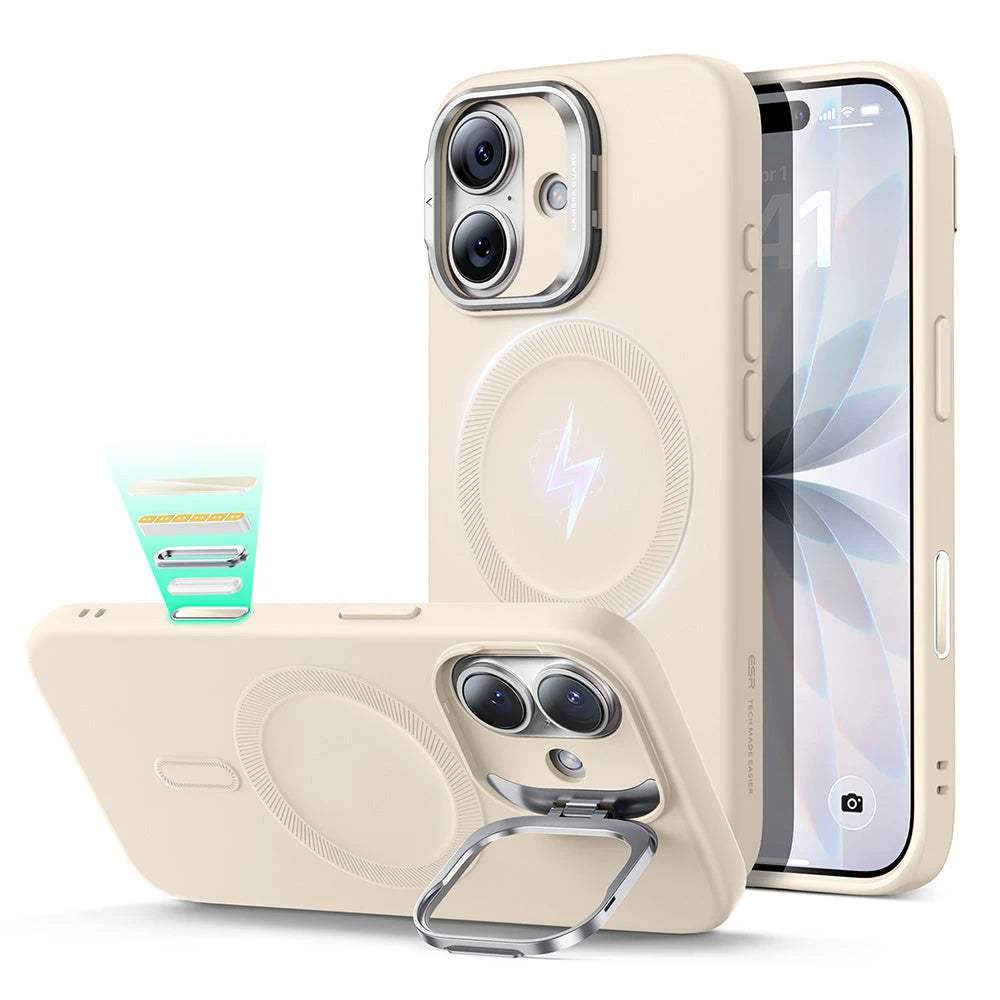 iPhone 17 Cloud Soft Silicone Magsfae Case with Stand Light Tan