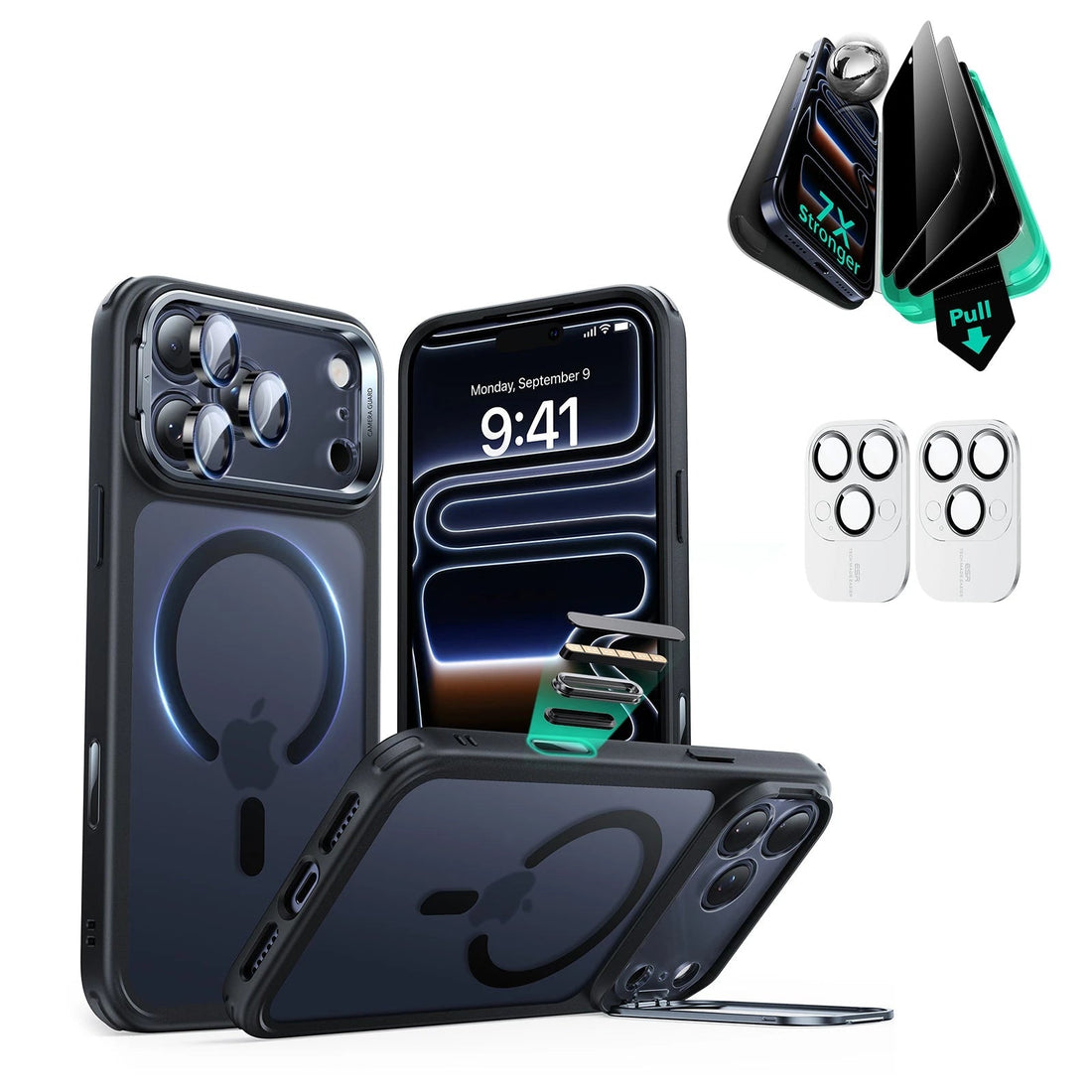 iPhone 17 Pro Classic Hybrid Magsafe Case with Stand and Privacy Screen Protector Bundle Frosted Black
