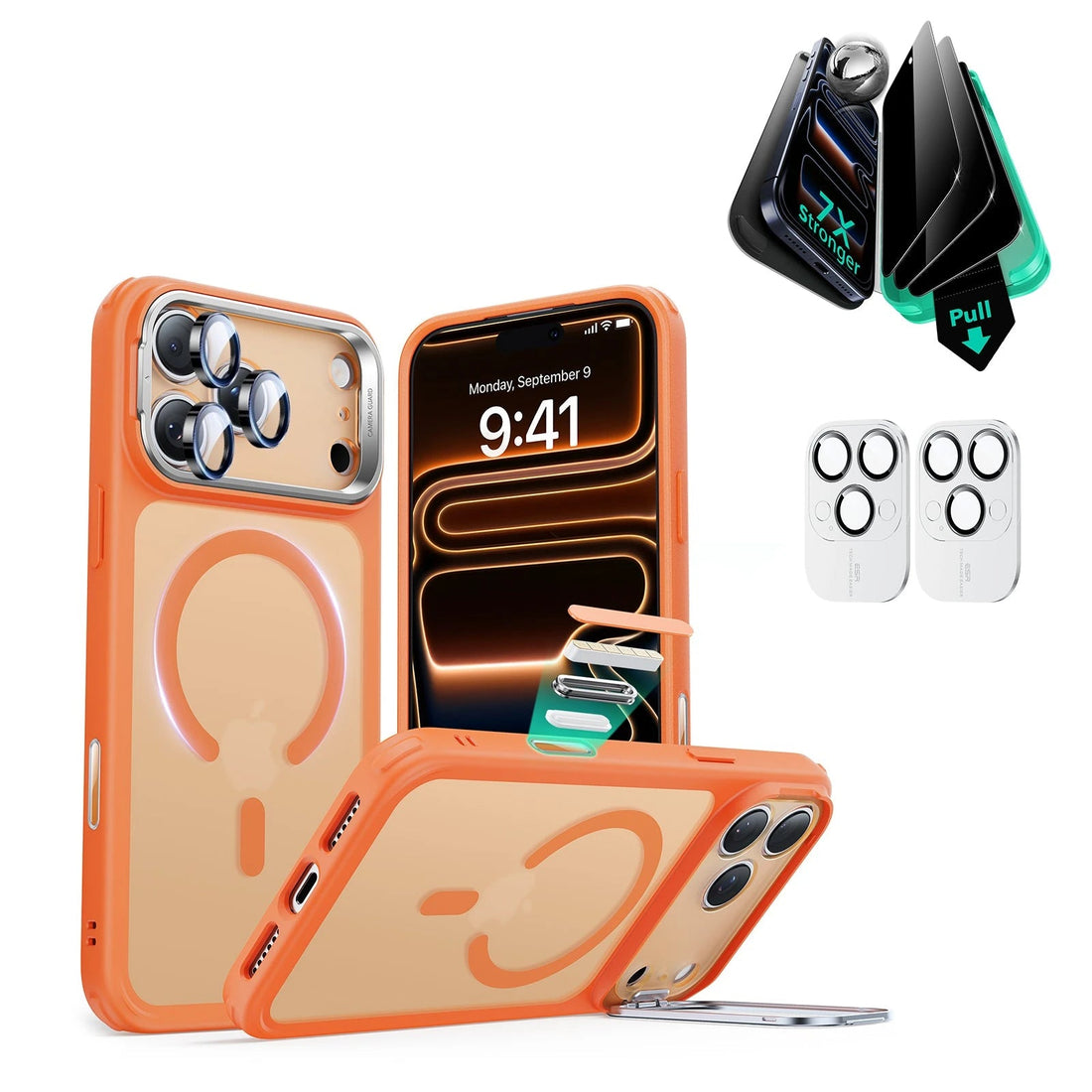 iPhone 17 Pro Classic Hybrid Magsafe Case with Stand and Privacy Screen Protector Bundle Frosted Orange