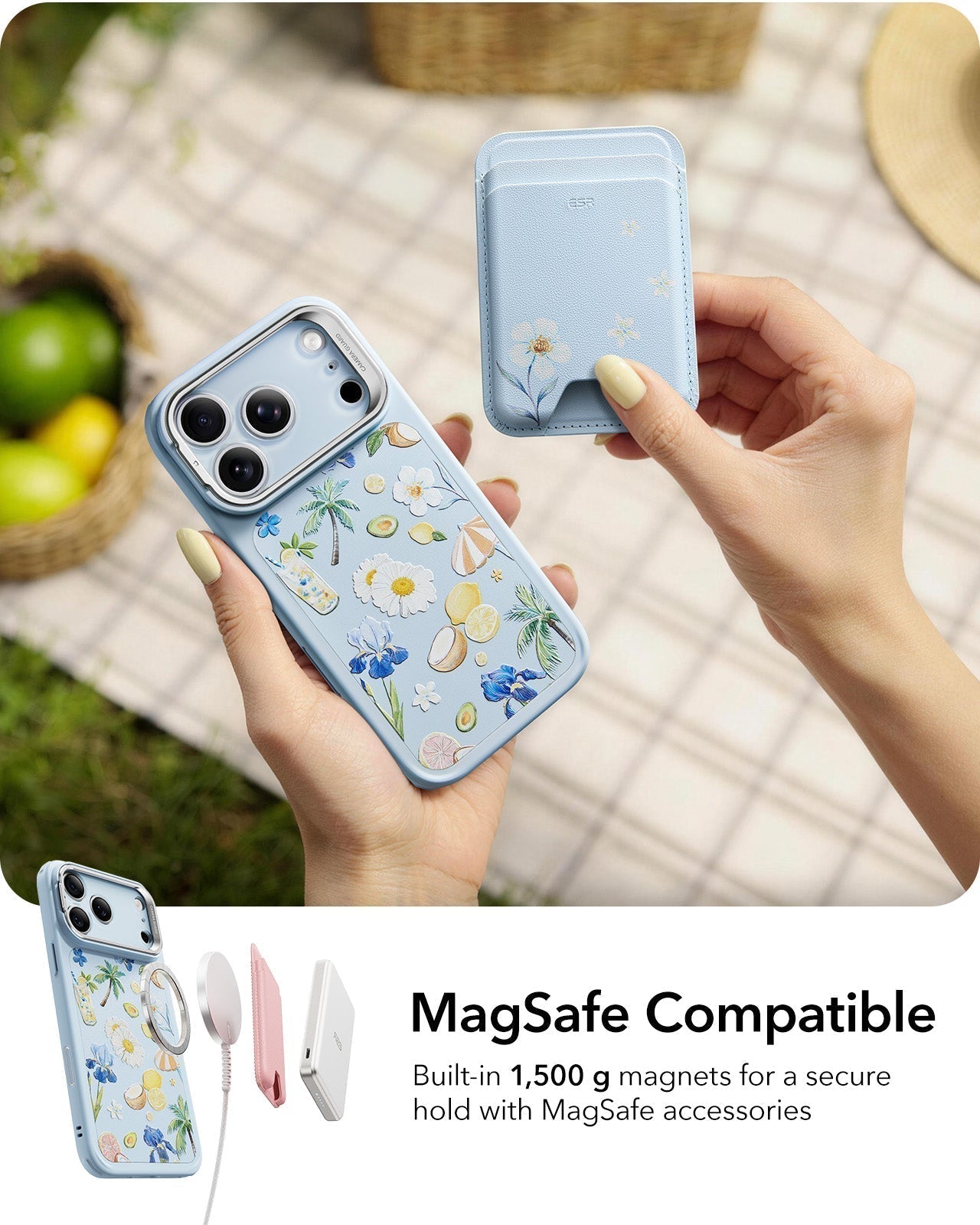ESR Blue Floral iPhone 17 Pro Magsafe Case with Stand MagSafe Compatible
