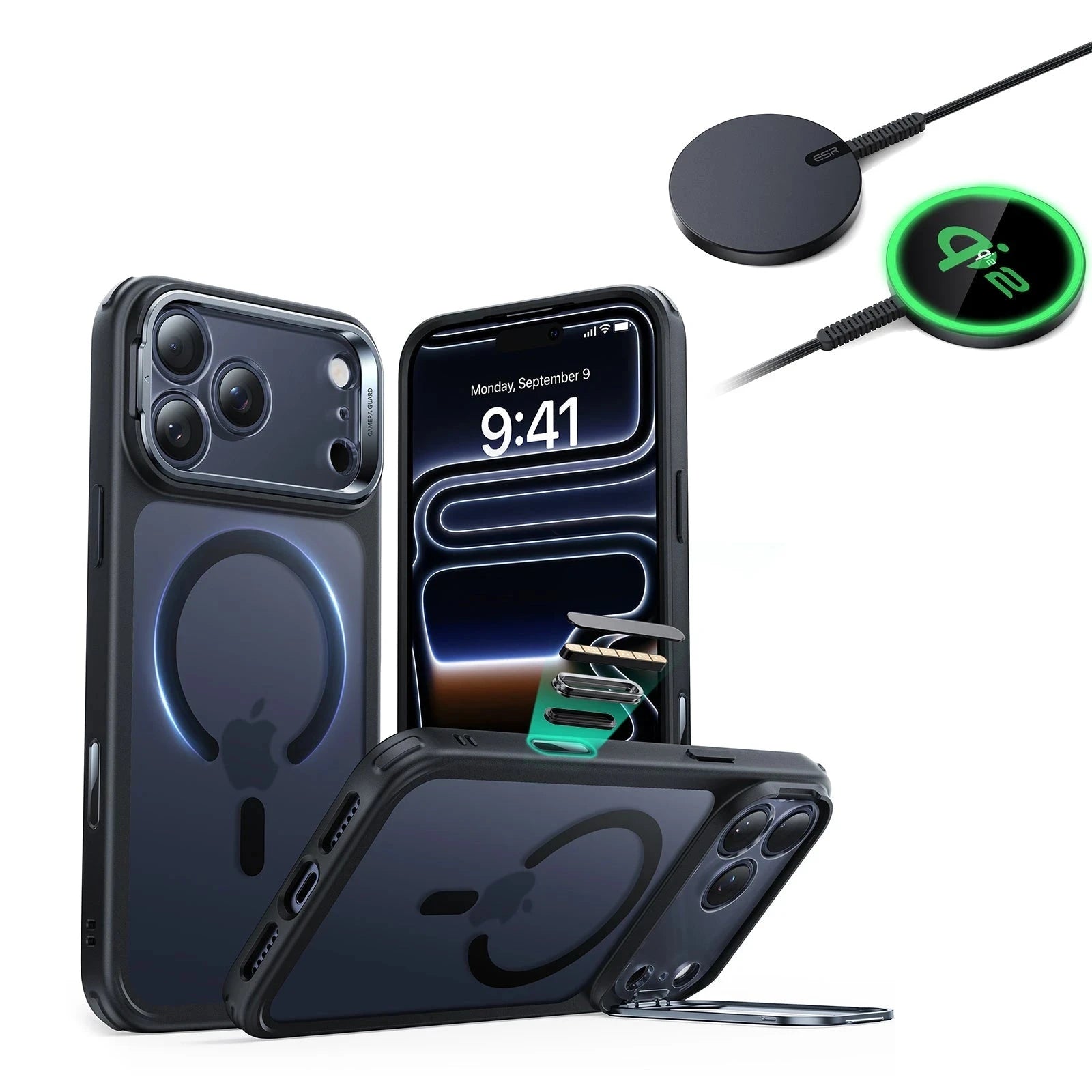 iPhone 17 Pro Classic Hybrid Magsafe Case With Stand  and Qi2 Wireless Charger Frosted Black