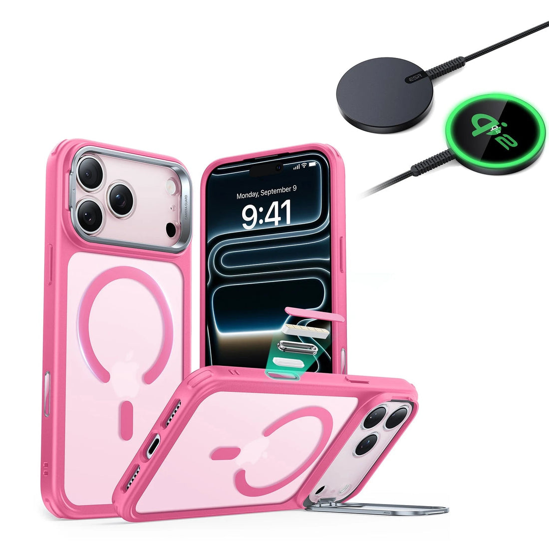 iPhone 17 Pro Classic Hybrid Magsafe Case With Stand  and Qi2 Wireless Charger Frosted Pink