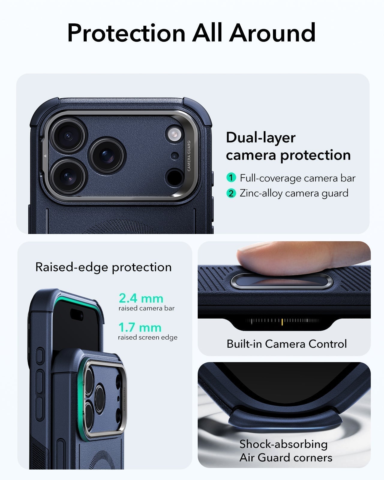 ESR iPhone 17 Pro Cyber Tough Magsafe Case with Stand and Camera Control Blue Raised Edge Protection