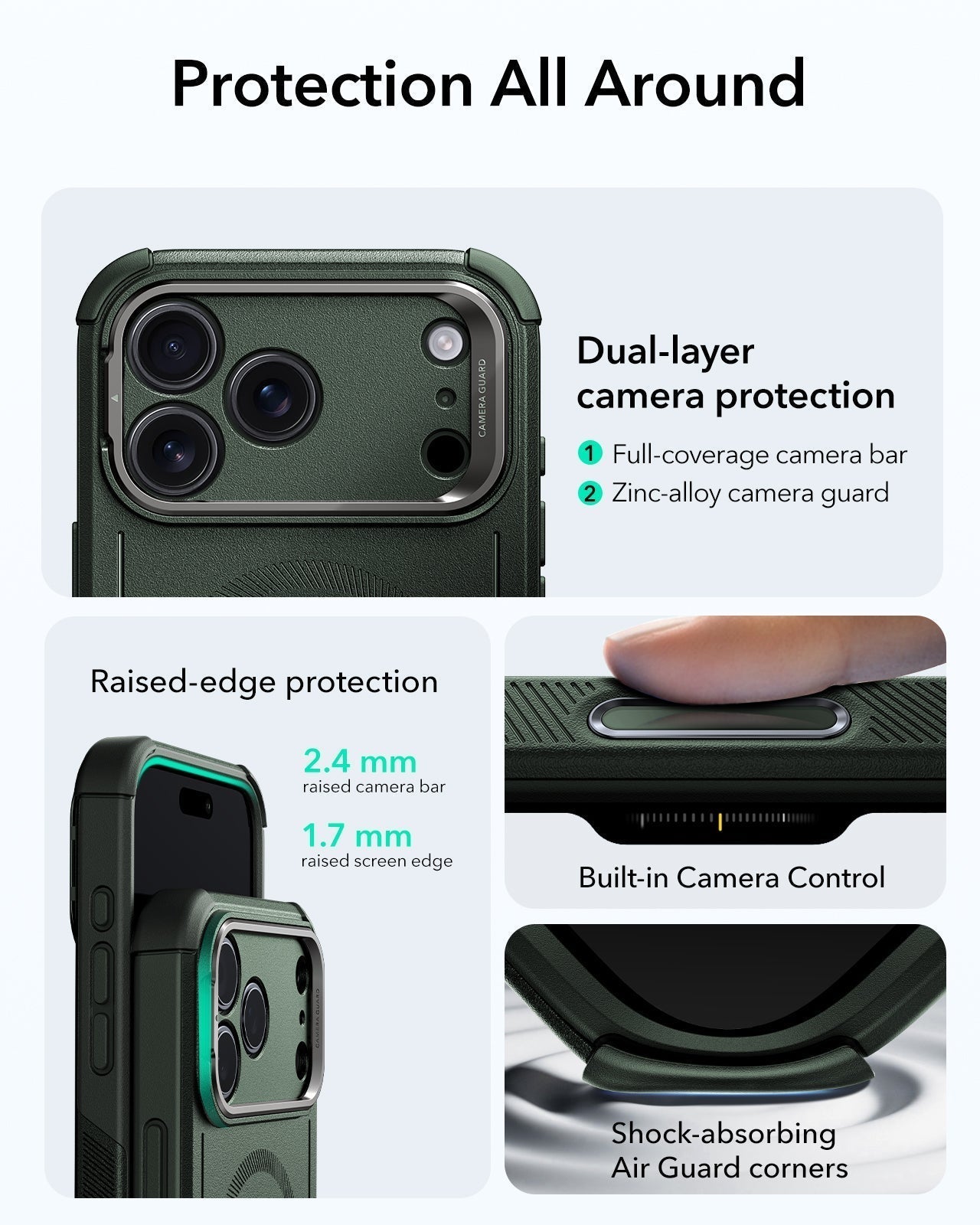 ESR iPhone 17 Pro Cyber Tough Magsafe Case with Stand and Camera Control Green Raised Edge Protection