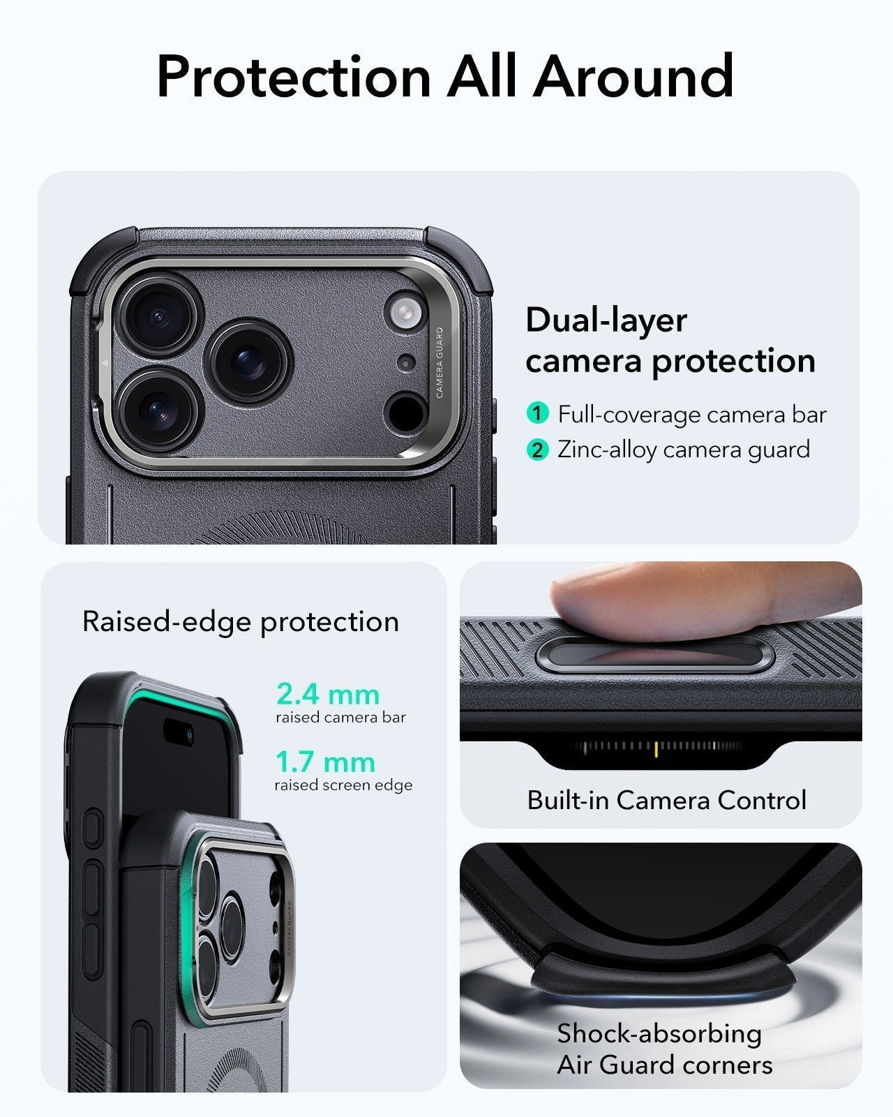 ESR iPhone 17 Pro Cyber Tough Magsafe Case with Stand and Camera Control Gray Raised Edge Protection