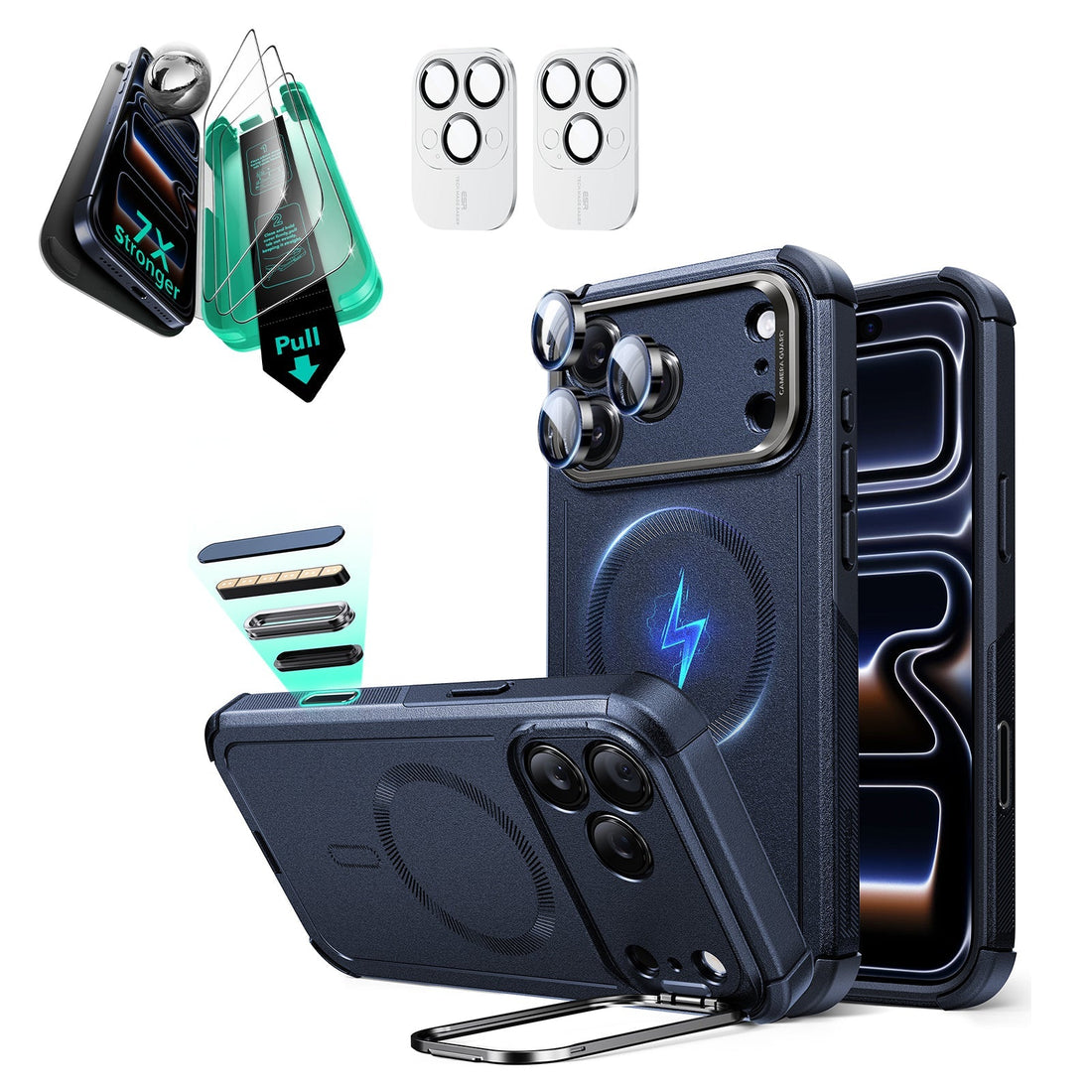 iPhone 17 Pro Cyber Tough Magsafe Case with Stand and Armorite Screen Protector Blue