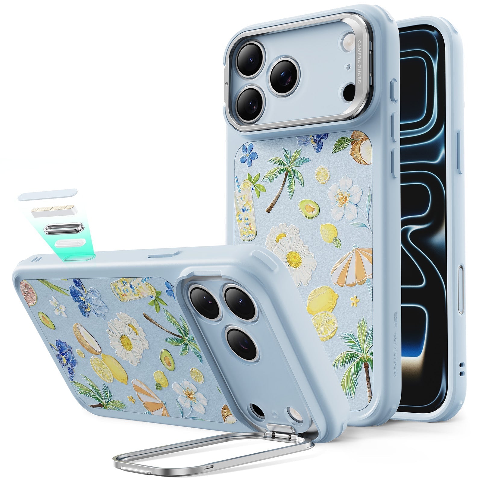Blue Floral iPhone 17 Pro Magsafe Case with Stand