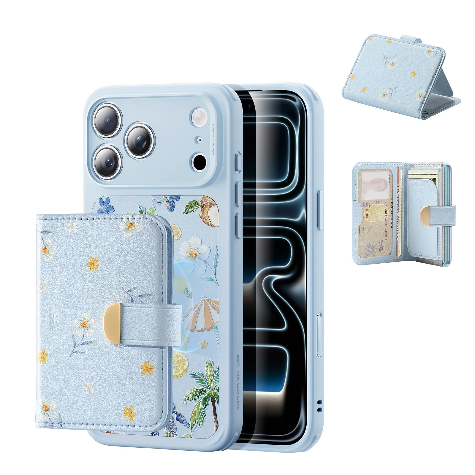 Blue Floral iPone 17 Pro Max Magsafe Case with Aura Clutch MagSafe Wallet