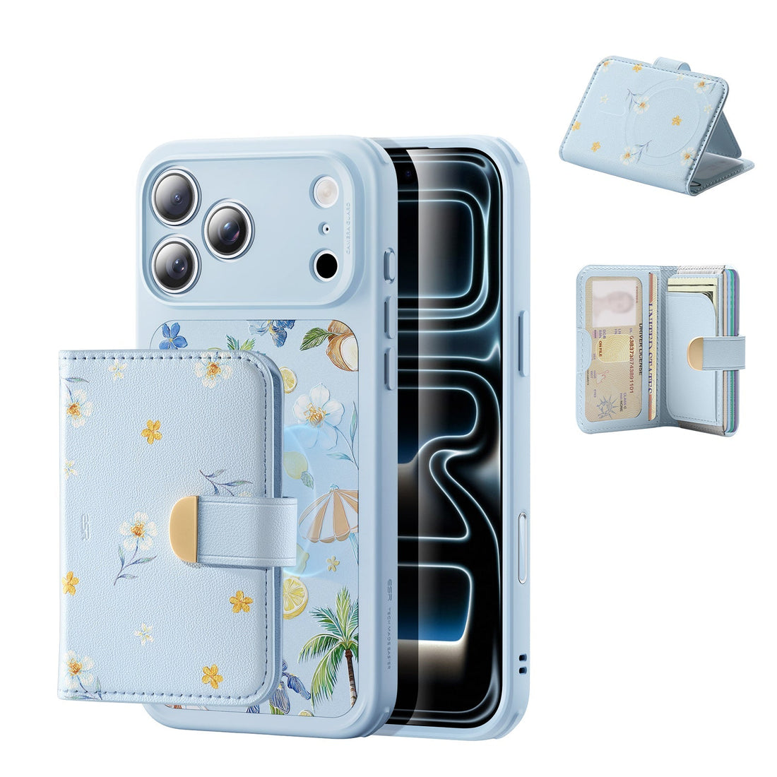 Blue Floral iPone 17 Pro Max Magsafe Case with Aura Clutch MagSafe Wallet