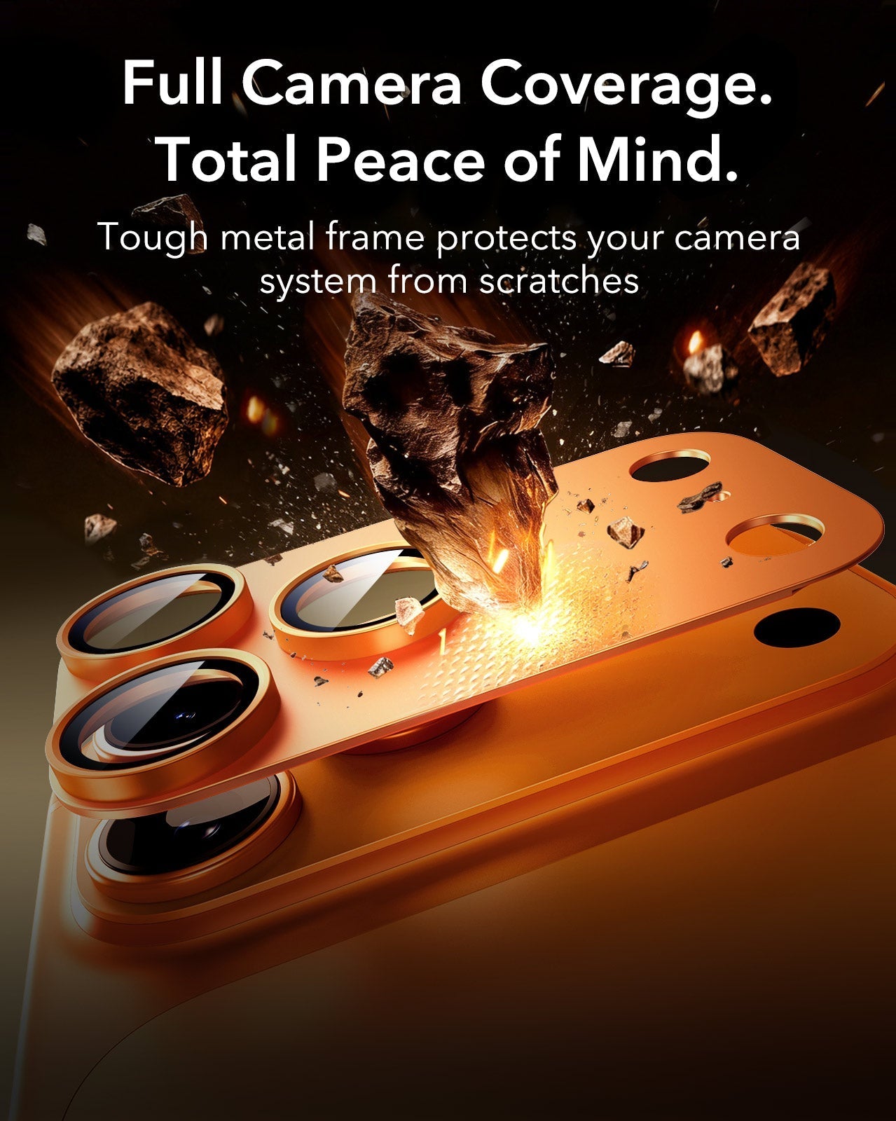 ESR iPhone 17 Pro Max Corning Glass Camera Lens Protector Orange Tough metal frame protects your camera system from scratches