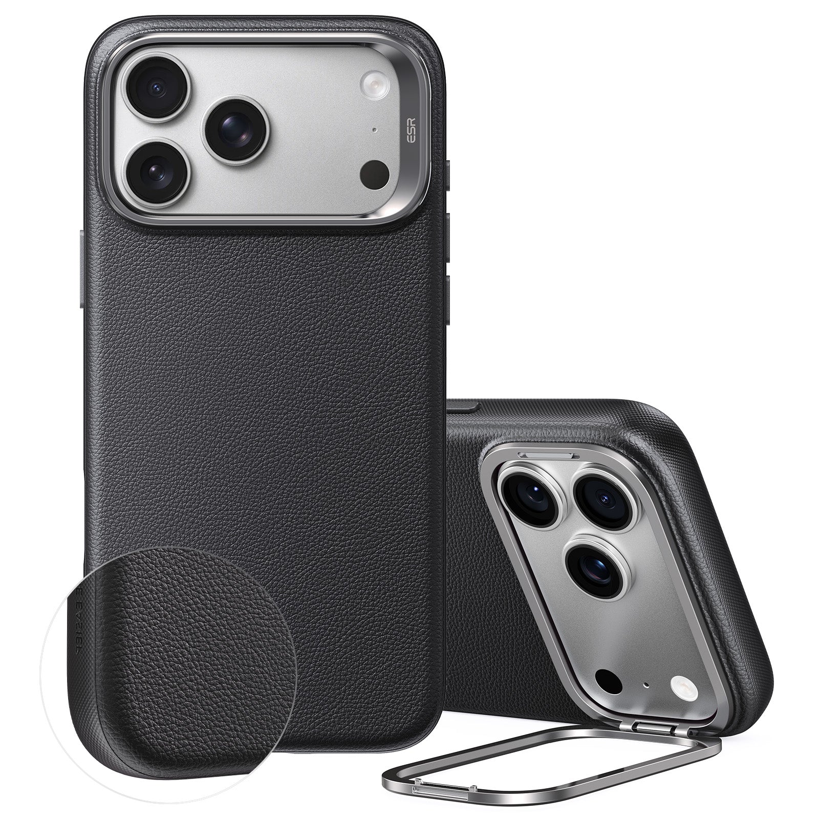 Black Vegan Leather iPhone 17 Pro Max Magsafe Case with Stand