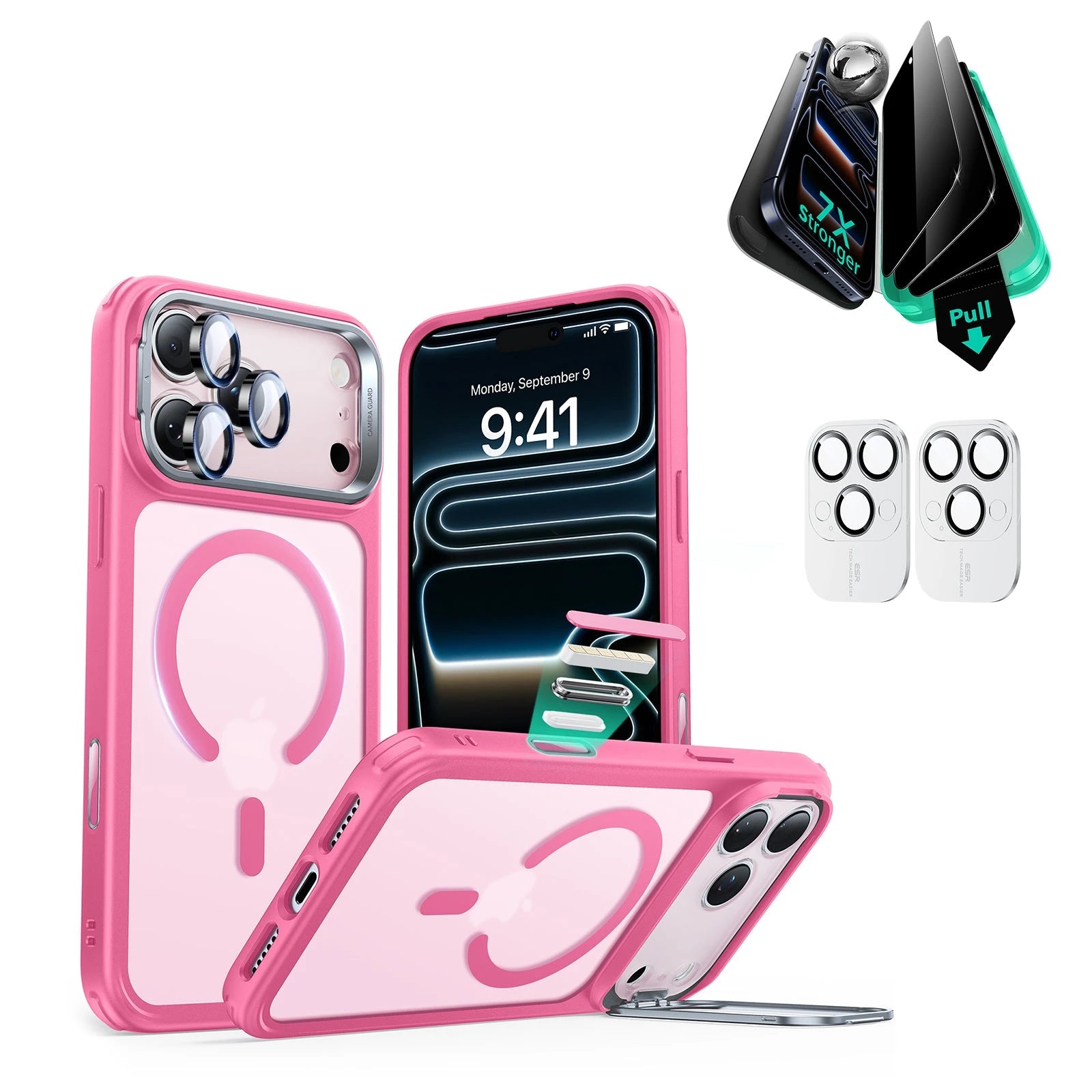 iPhone 17 Pro Max Classic Hybrid Magsafe Case with Stand and Privacy Screen Protector Bundle Frosted Pink