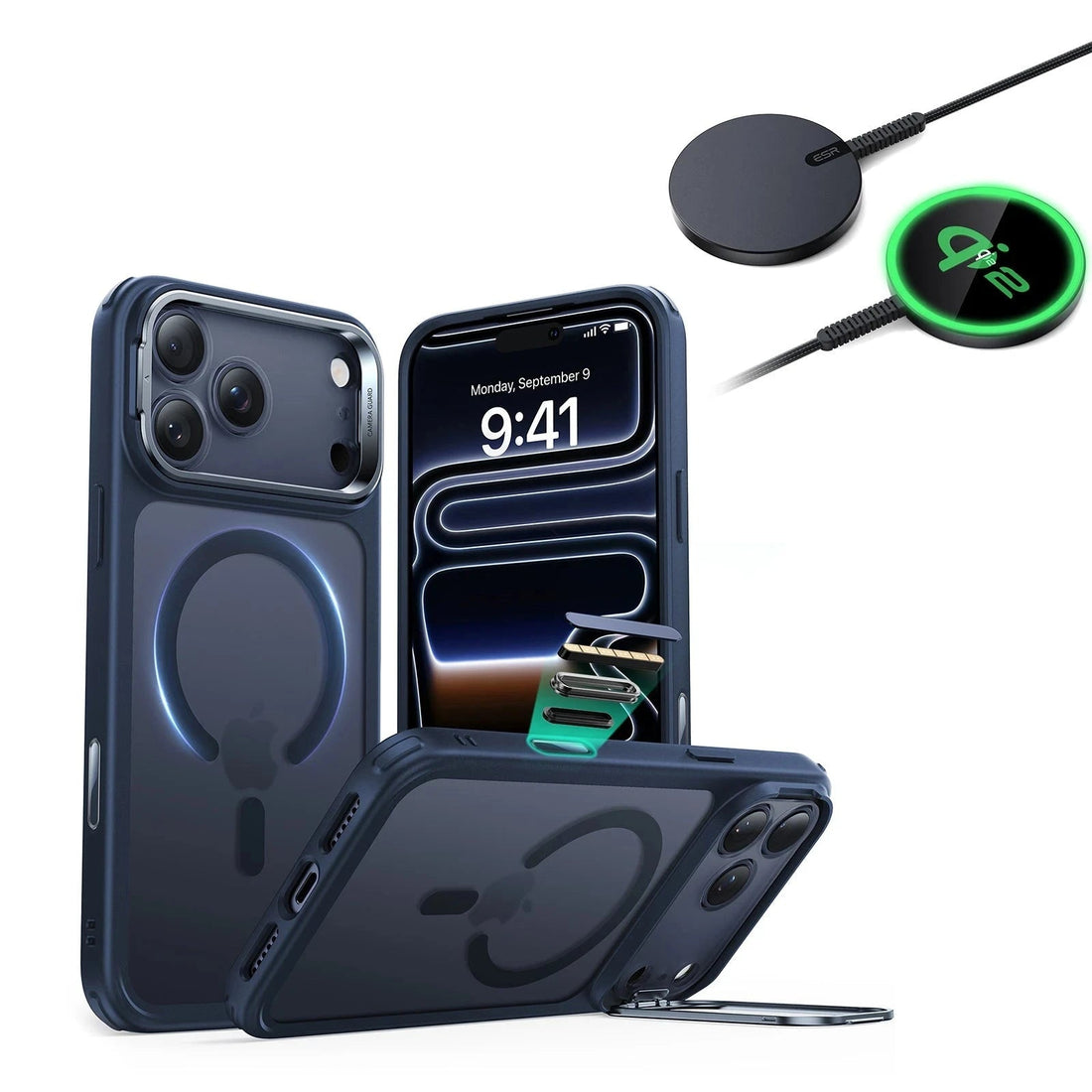 iPhone 17 Pro Max Classic Hybrid Magsafe Case With Stand  and Qi2 Wireless Charger Frosted Blue