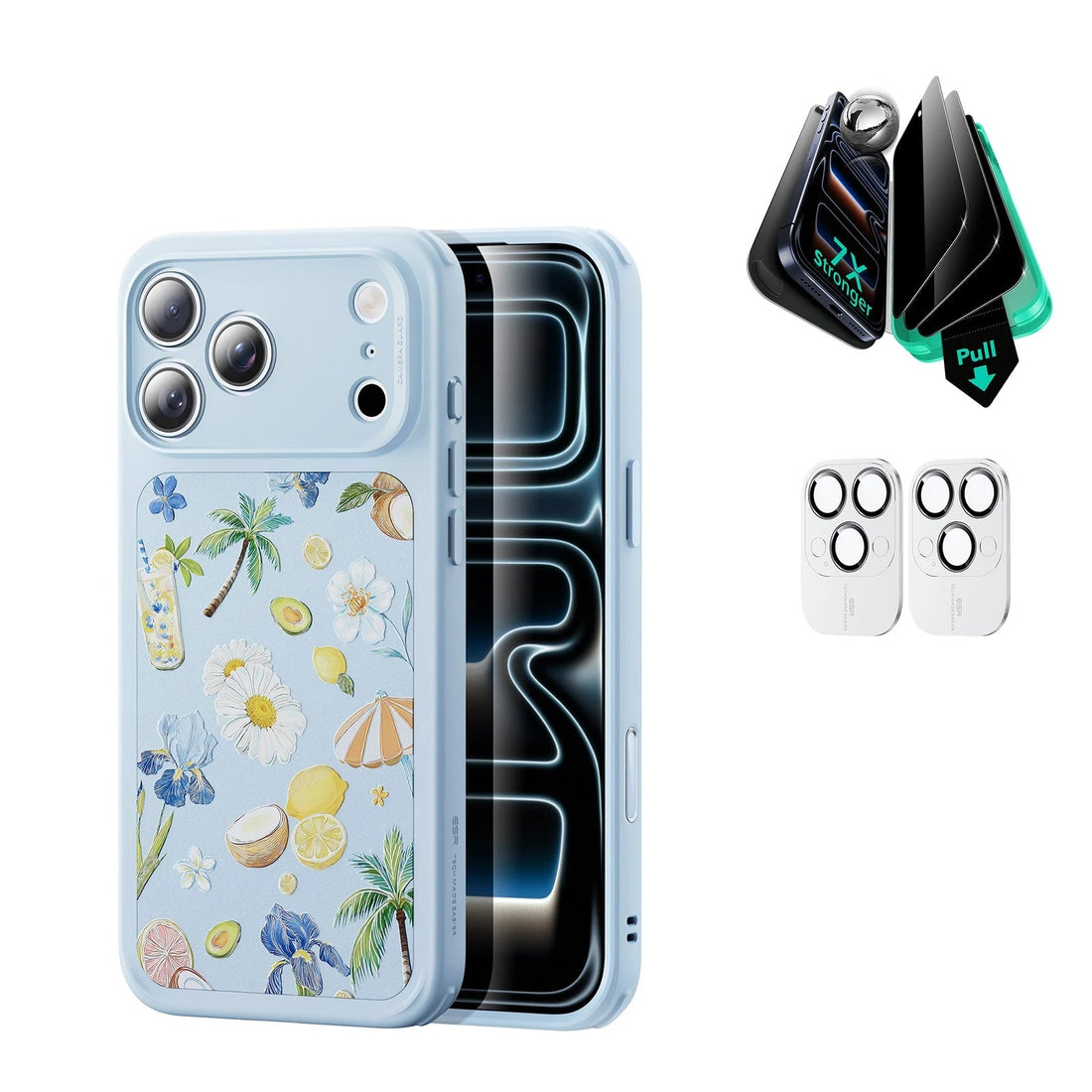 Blue Floral iPone 17 Pro Max Magsafe Case pair Armorite Tempered Glass Privacy Screen Protector
