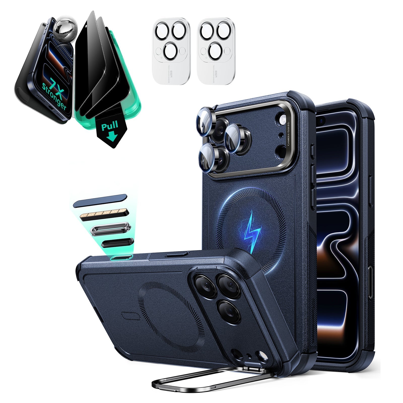 iPhone 17 Pro Max Cyber Tough Magsafe Case with Stand and Armorite Privacy Screen Protector Blue