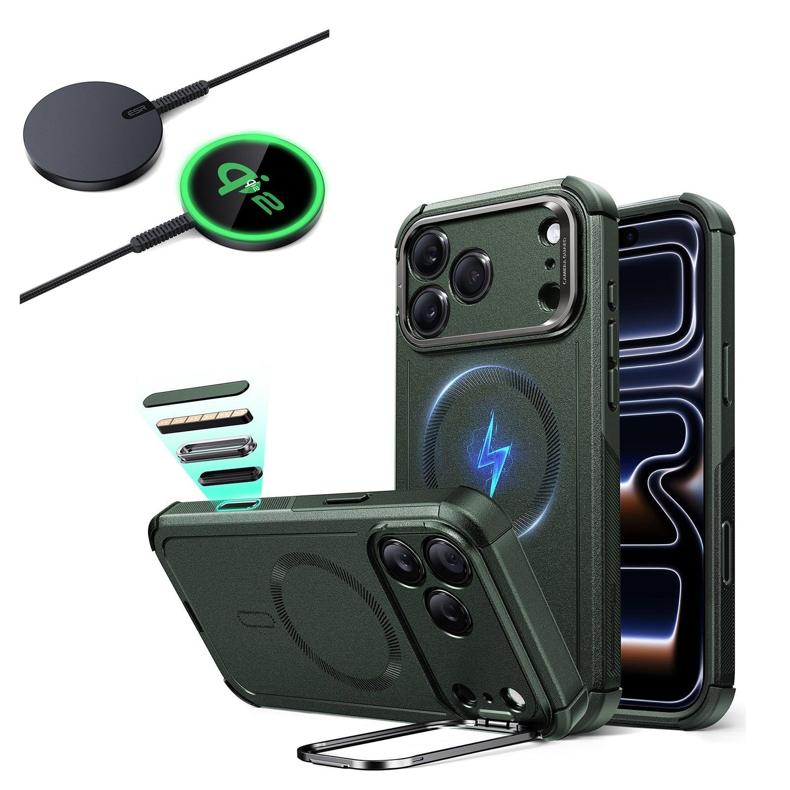 iPhone 17 Pro Max Cyber Tough Magsfae Case with Stand and Qi2 wireless Charger Green