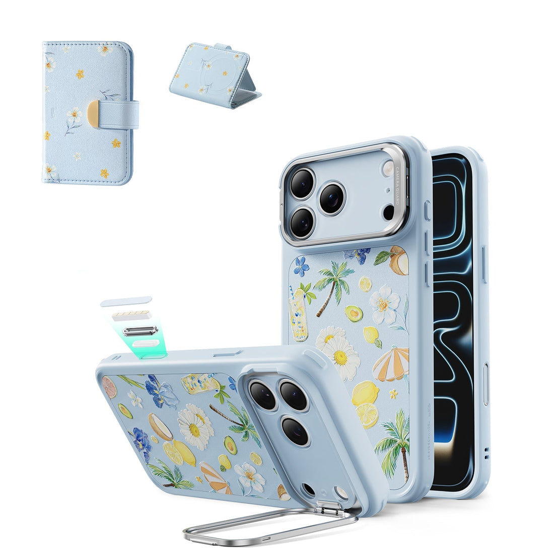  Blue Floral iPone 17 Pro Max Magsafe Case with Stand pair Aura Clutch MagSafe Wallet