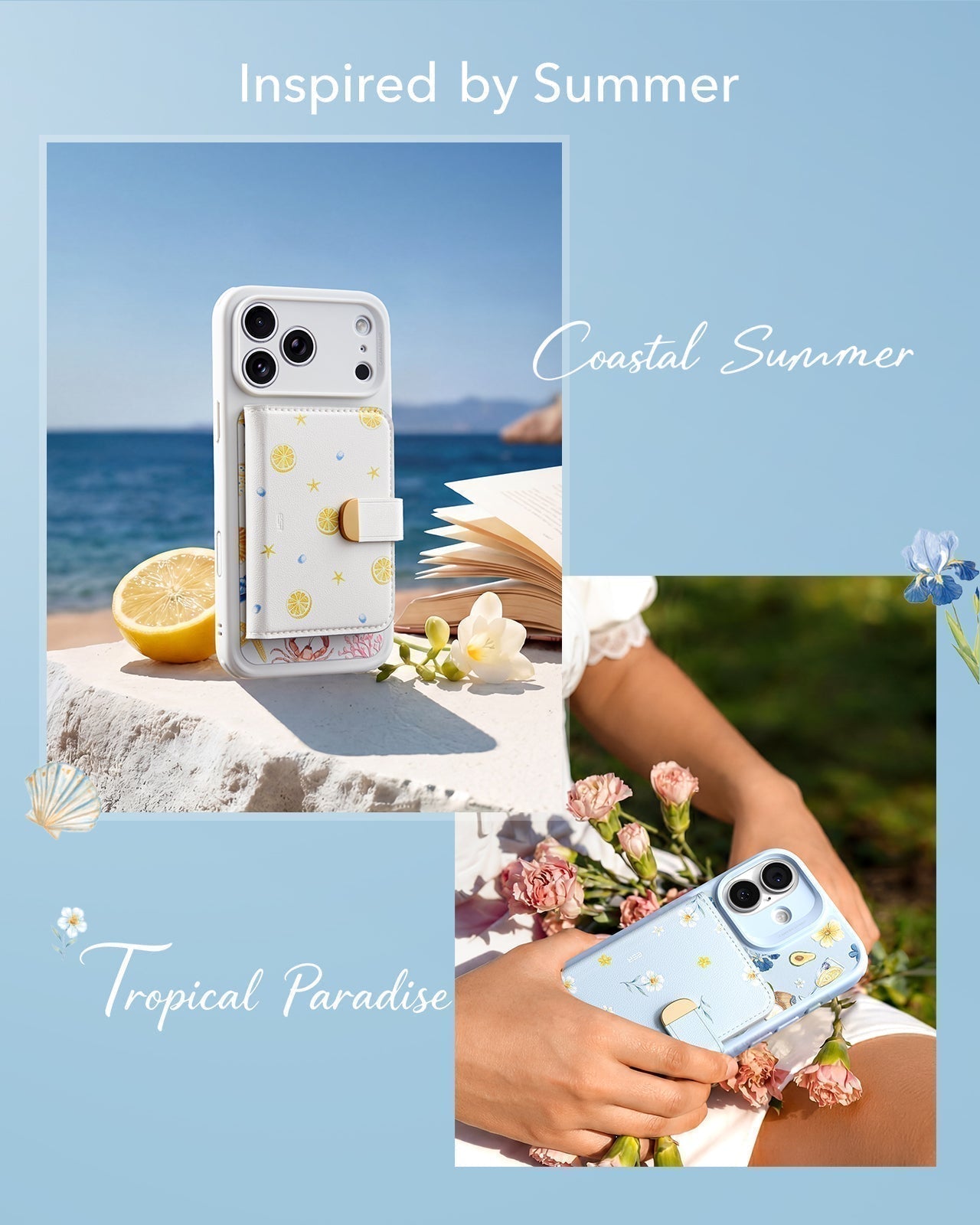 ESR Blue Floral iPone 17 Magsafe Case with Aura Clutch MagSafe Wallet Inspired by Summer